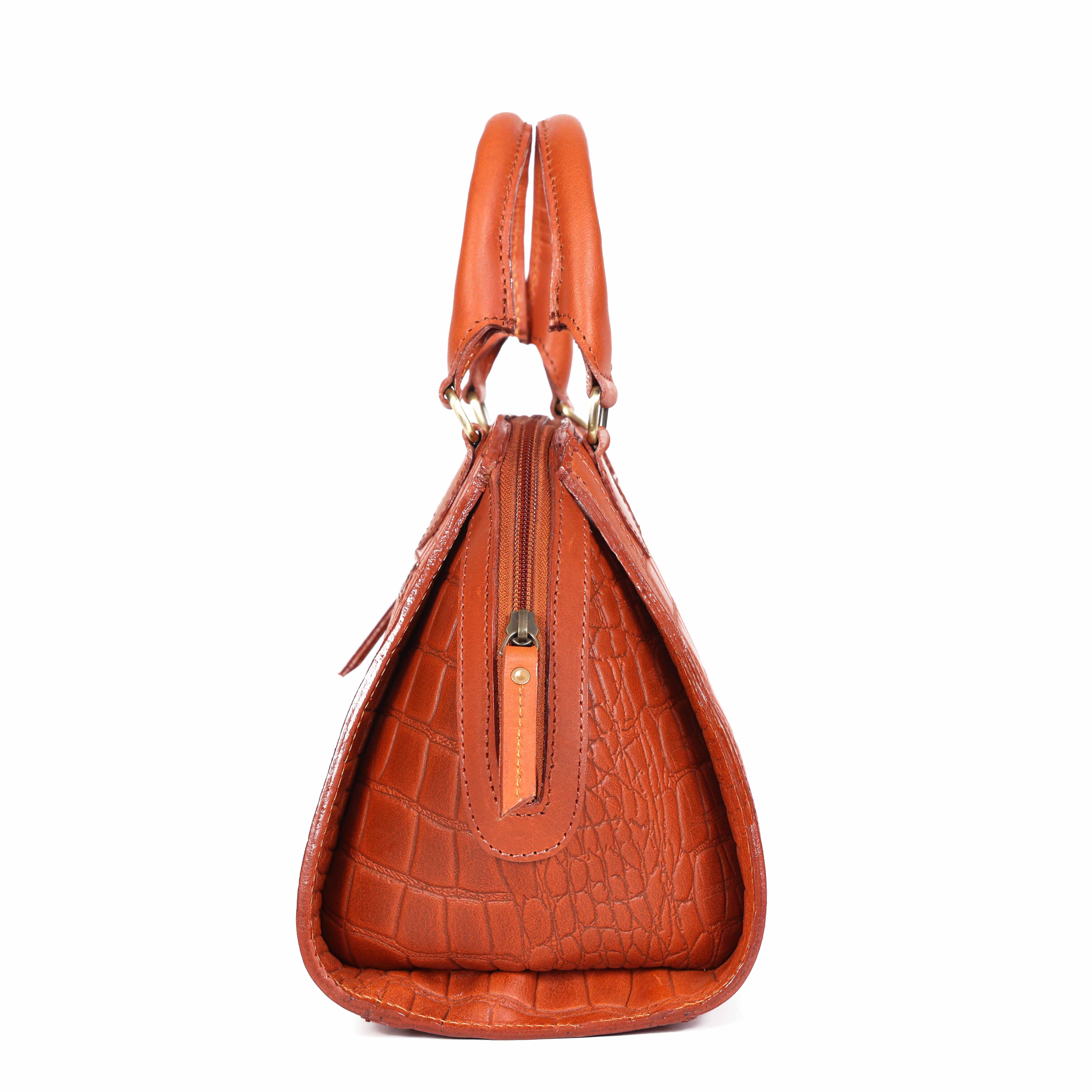 Premium Genuine Textured Leather  Satchel Handbag with Dual Handles, Detachable Strap & Zip Pockets - Image 7