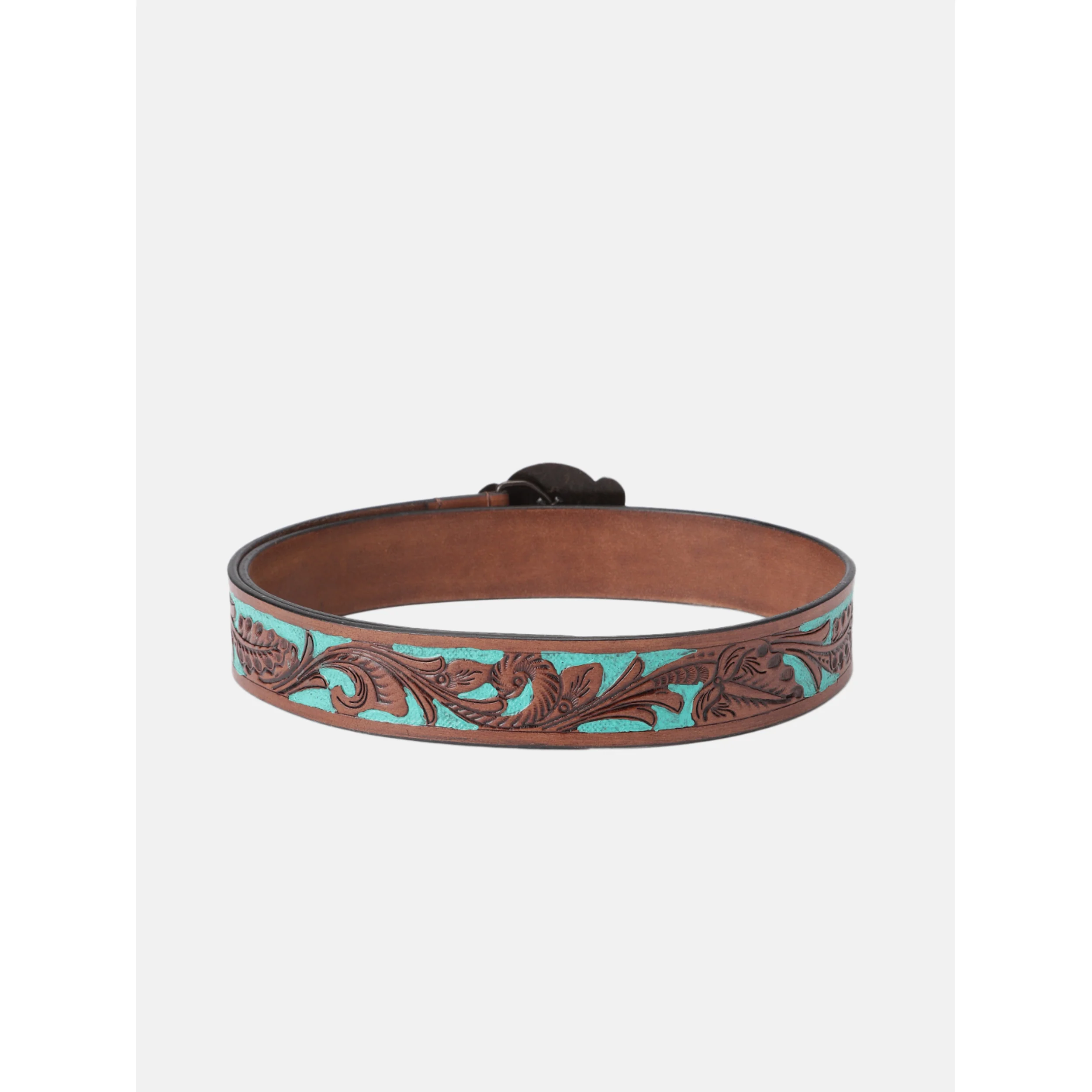 Genuine Leather Embossed Floral Brown Teal Western Waist Accessory Antique Buckle - Image 2