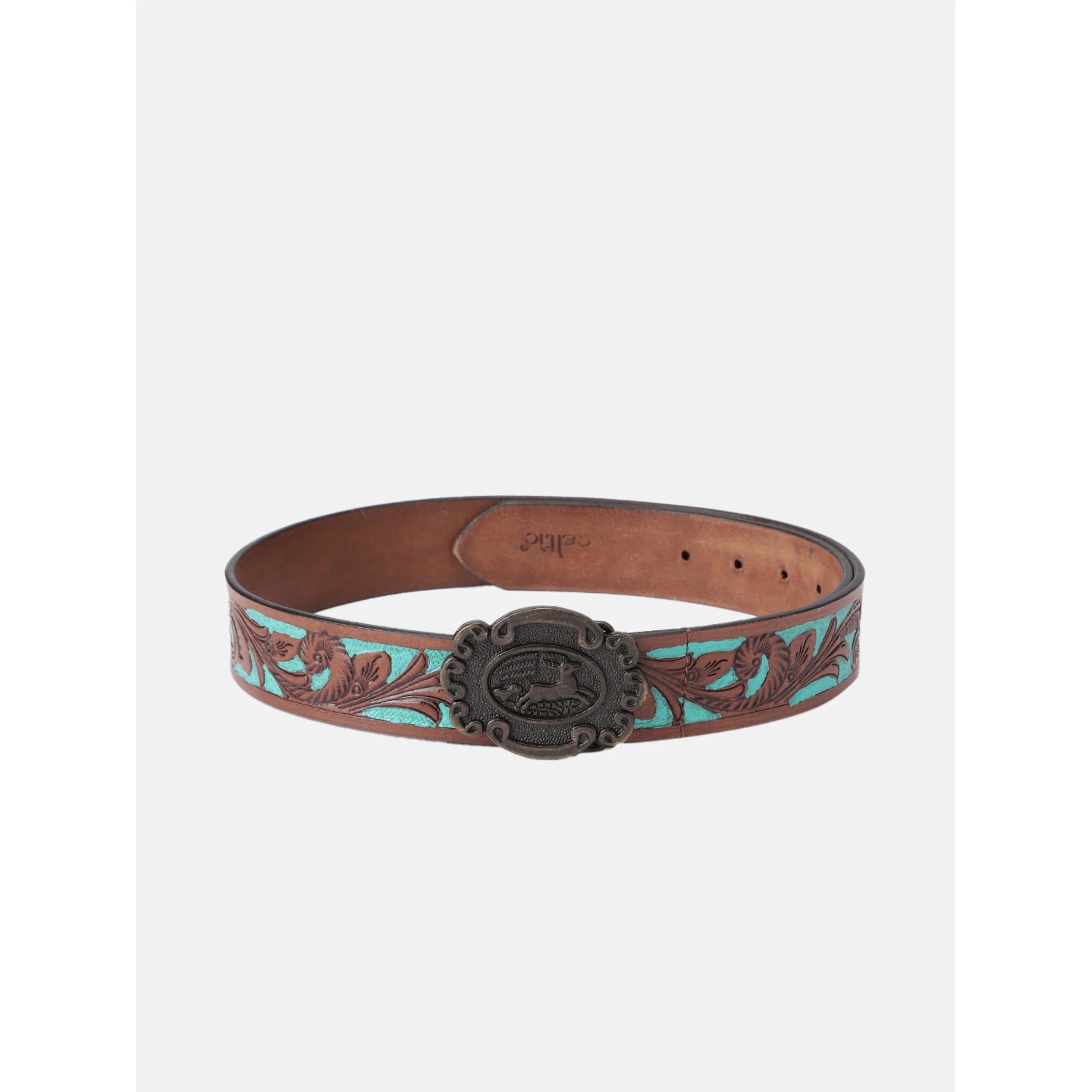 Genuine Leather Embossed Floral Brown Teal Western Waist Accessory Antique Buckle - Image 3