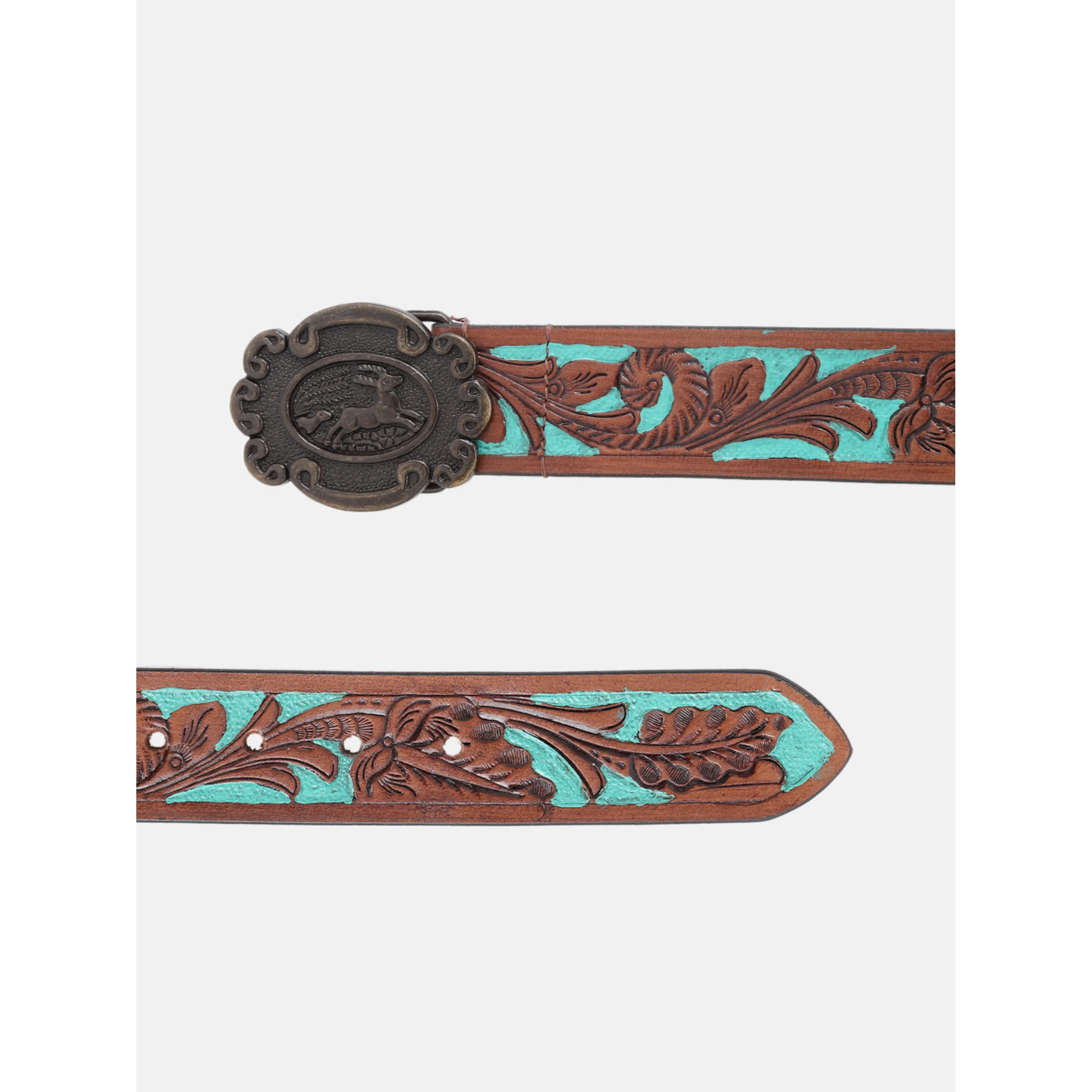 Genuine Leather Embossed Floral Brown Teal Western Waist Accessory Antique Buckle - Image 4