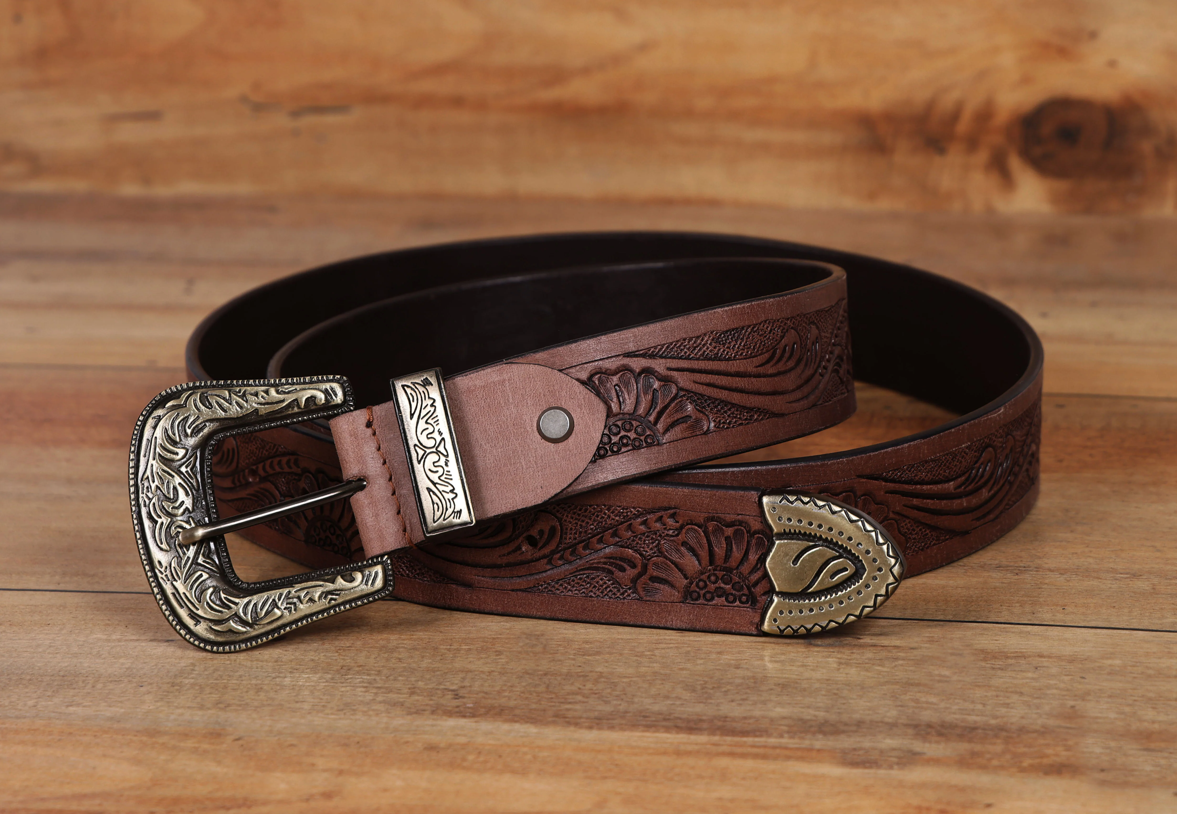 Men Genuine Leather Embossed Brown Western Waist Accessory Ornate Buckle Tip - Image 3