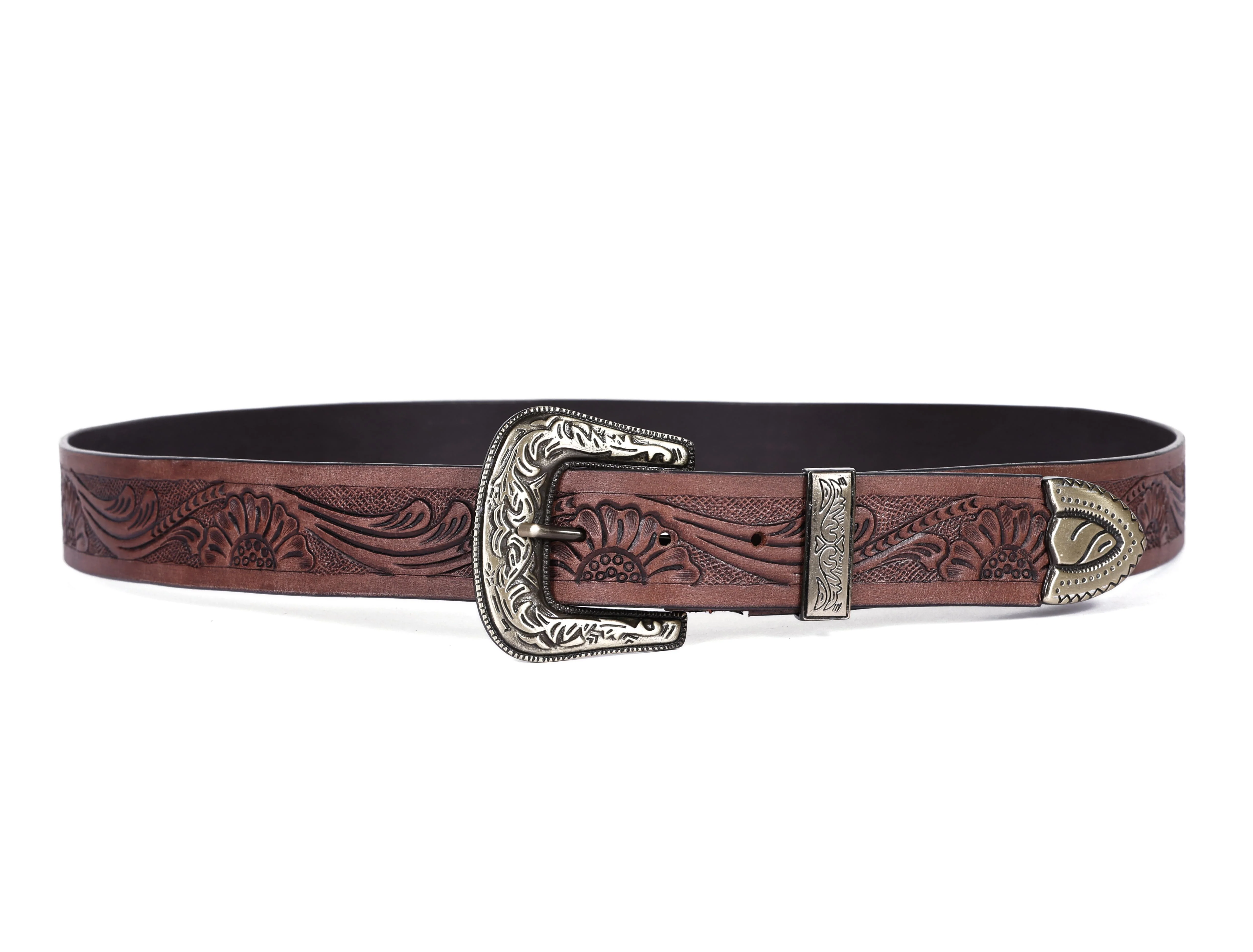 Men Genuine Leather Embossed Brown Western Waist Accessory Ornate Buckle Tip - Image 4