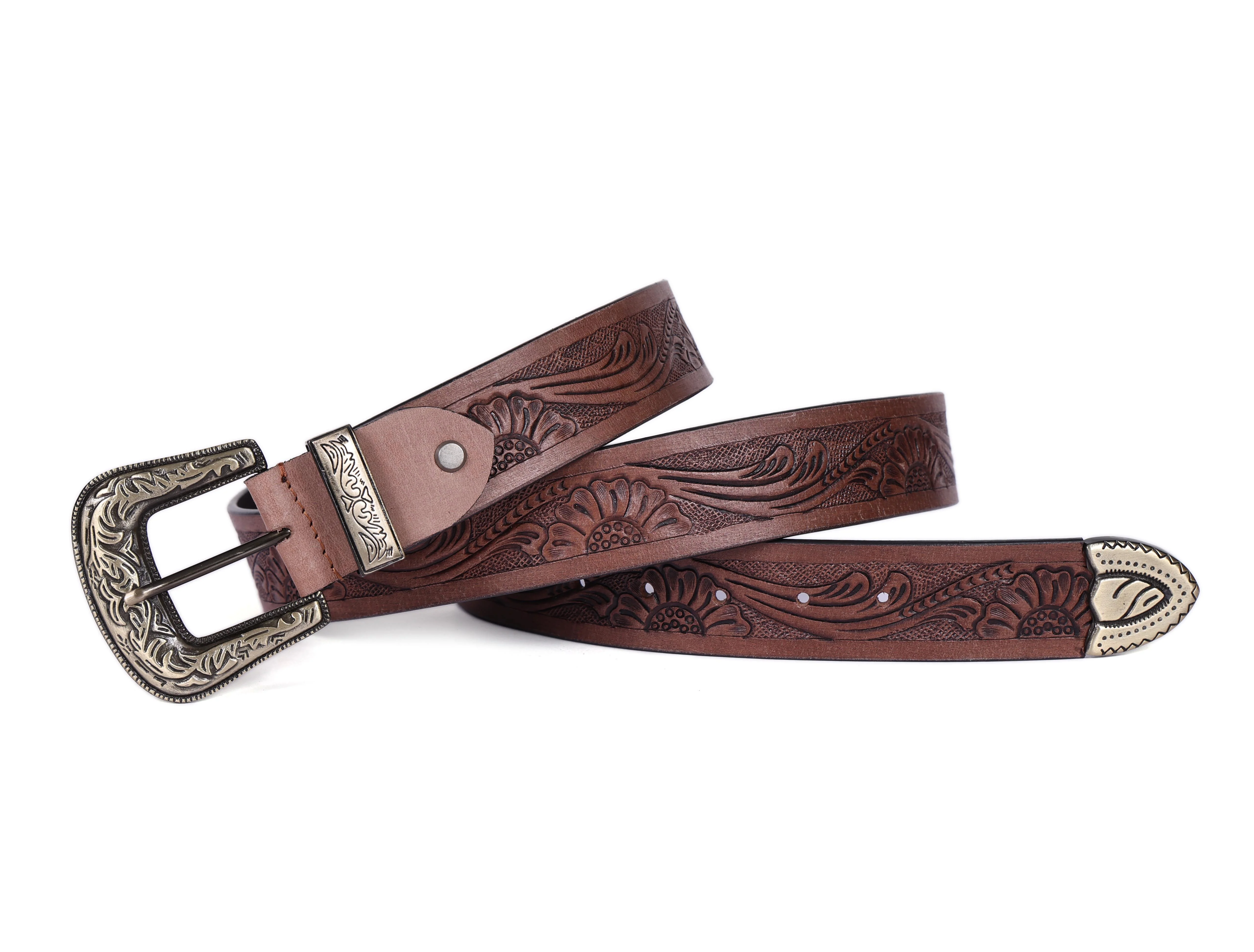 Men Genuine Leather Embossed Brown Western Waist Accessory Ornate Buckle Tip - Image 5