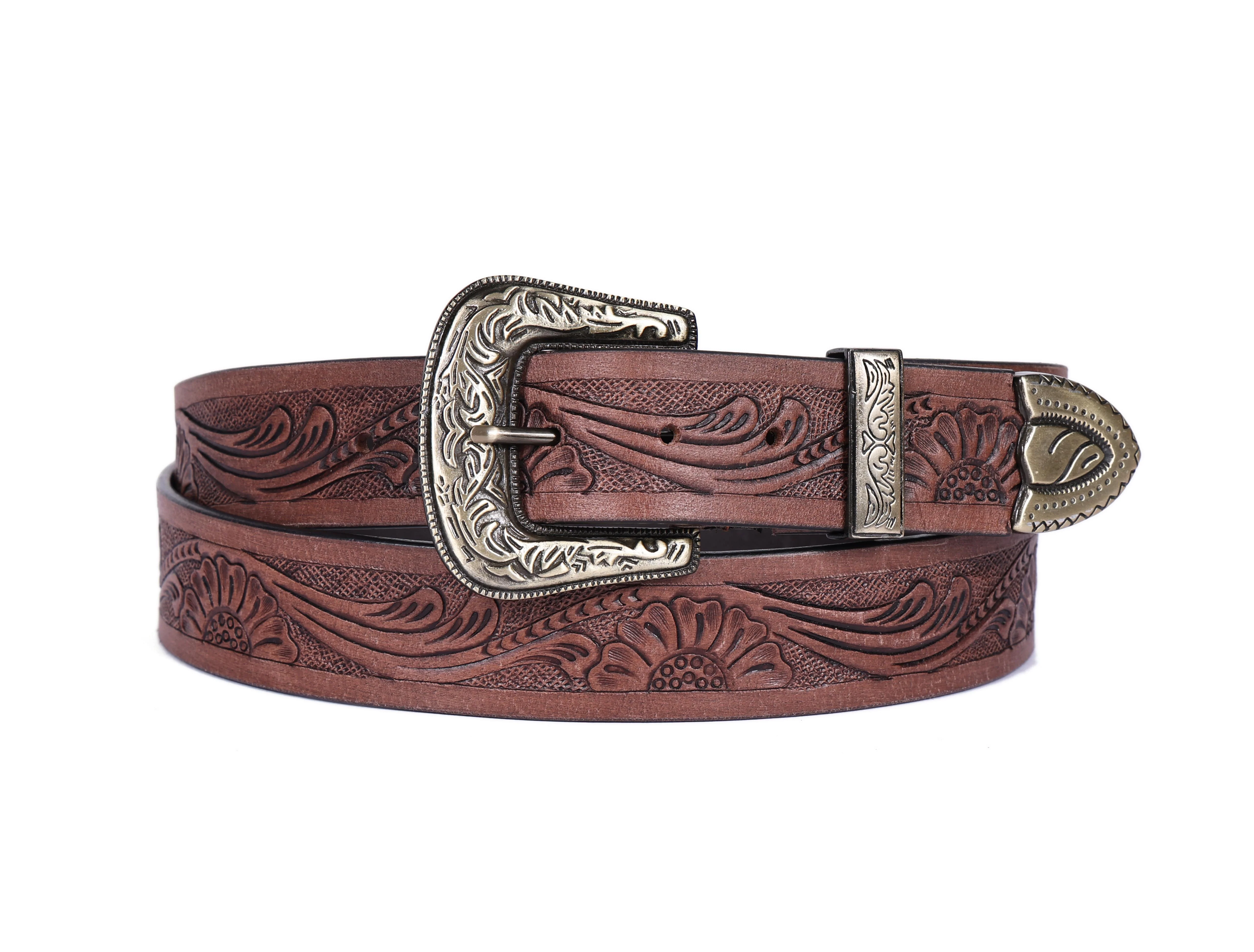Men Genuine Leather Embossed Brown Western Waist Accessory Ornate Buckle Tip - Image 6