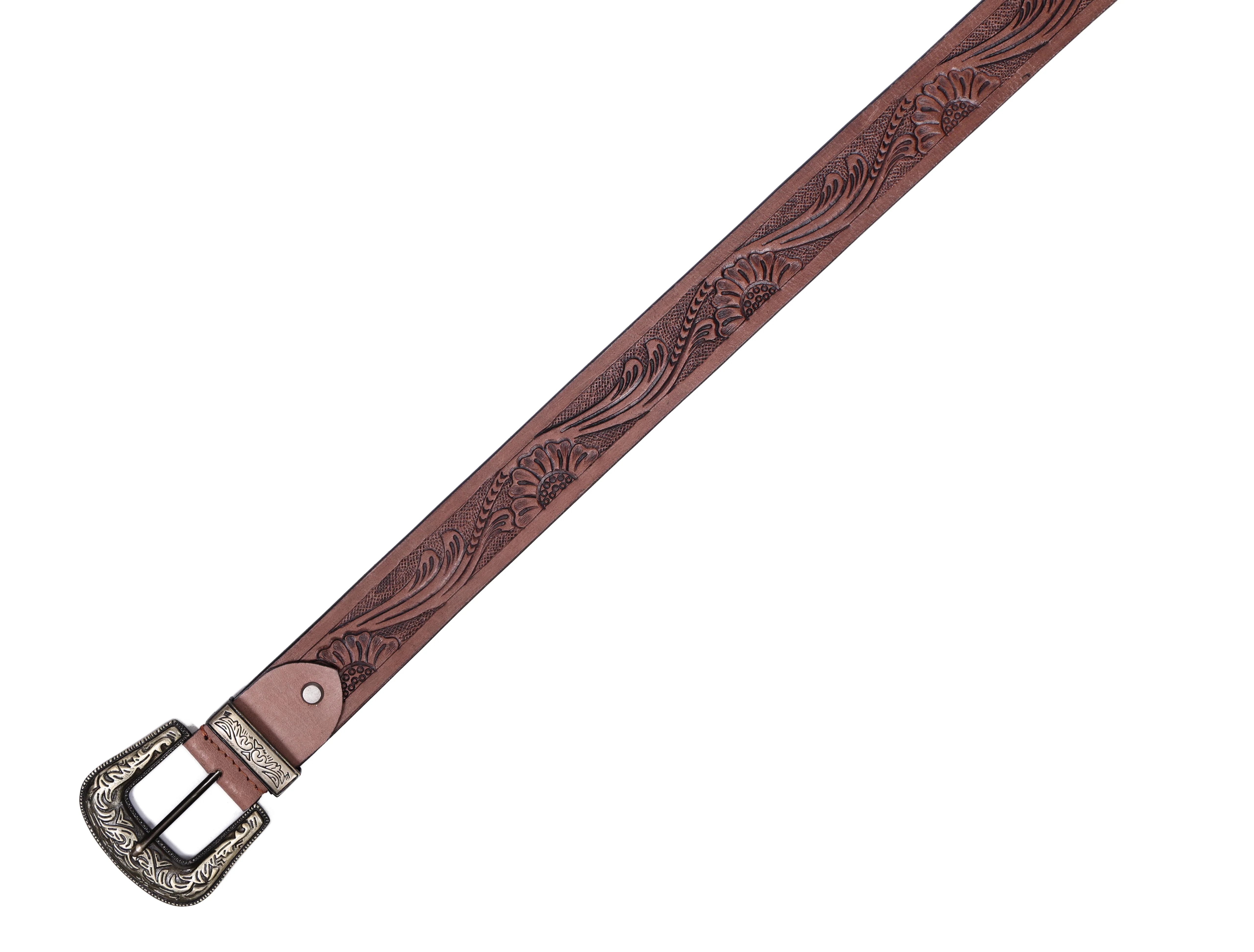 Men Genuine Leather Embossed Brown Western Waist Accessory Ornate Buckle Tip - Image 7