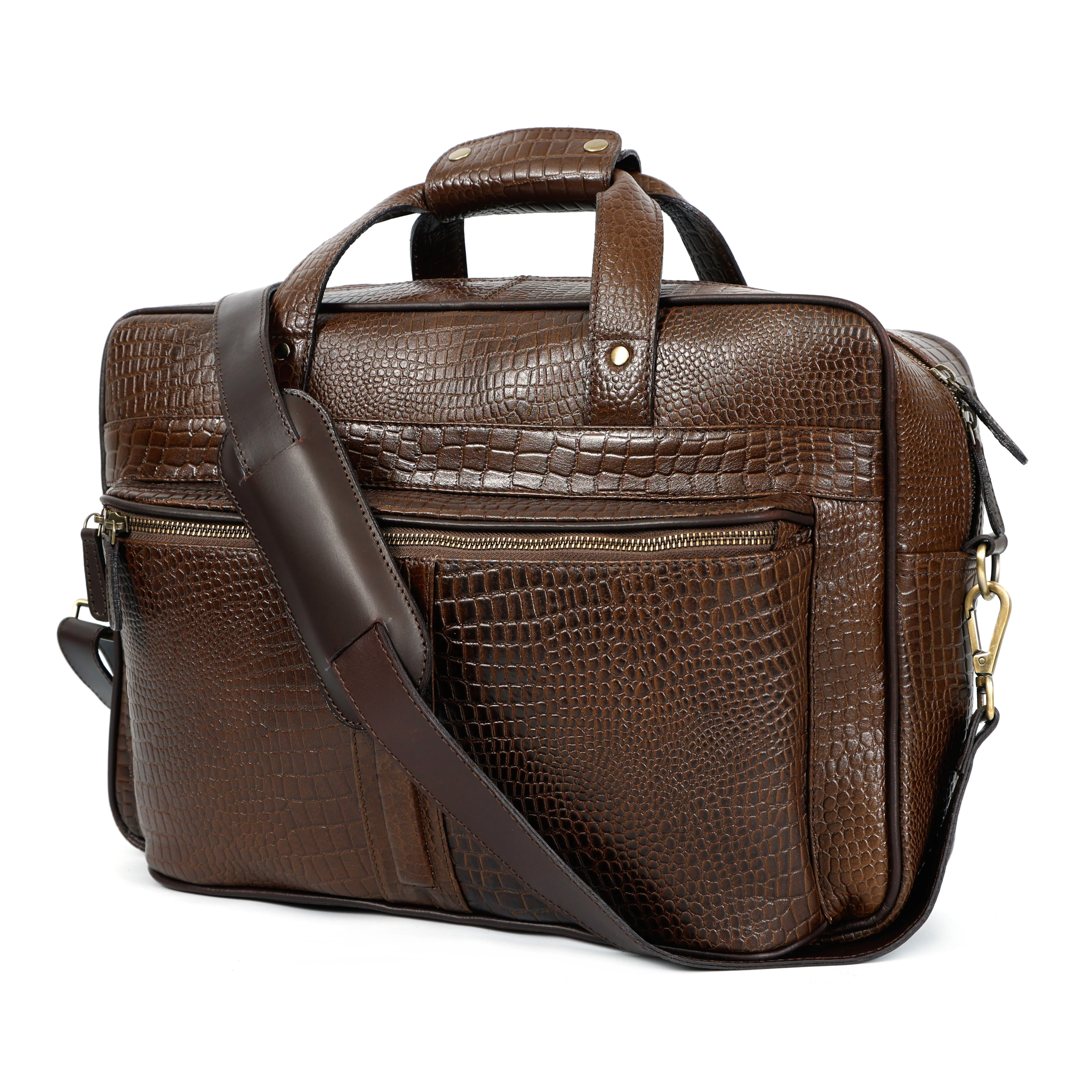 Premium Croc-Embossed Leather Office Laptop Bag with Multiple Zip Pockets & Strap - Image 3