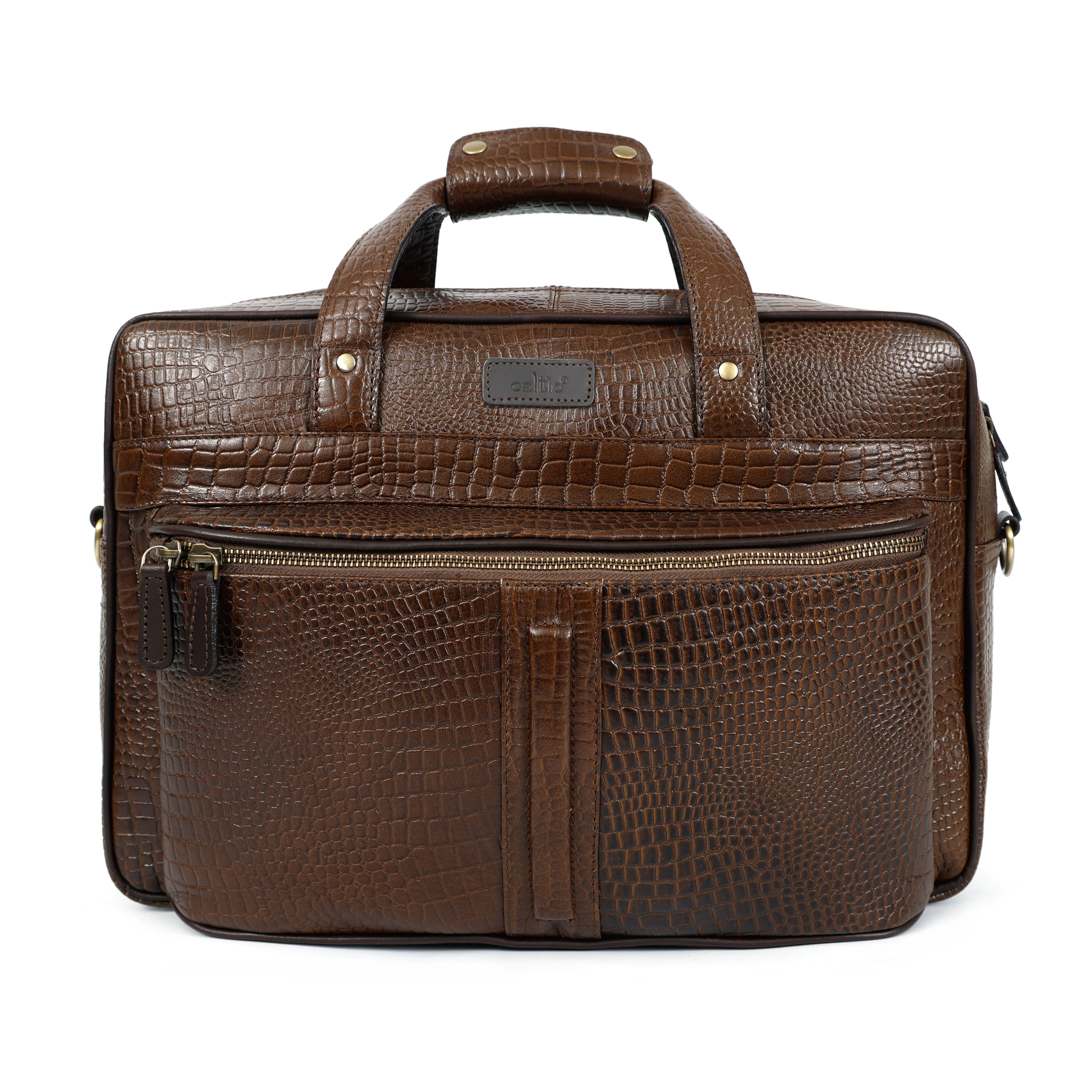 Premium Croc-Embossed Leather Office Laptop Bag with Multiple Zip Pockets & Strap - Image 4