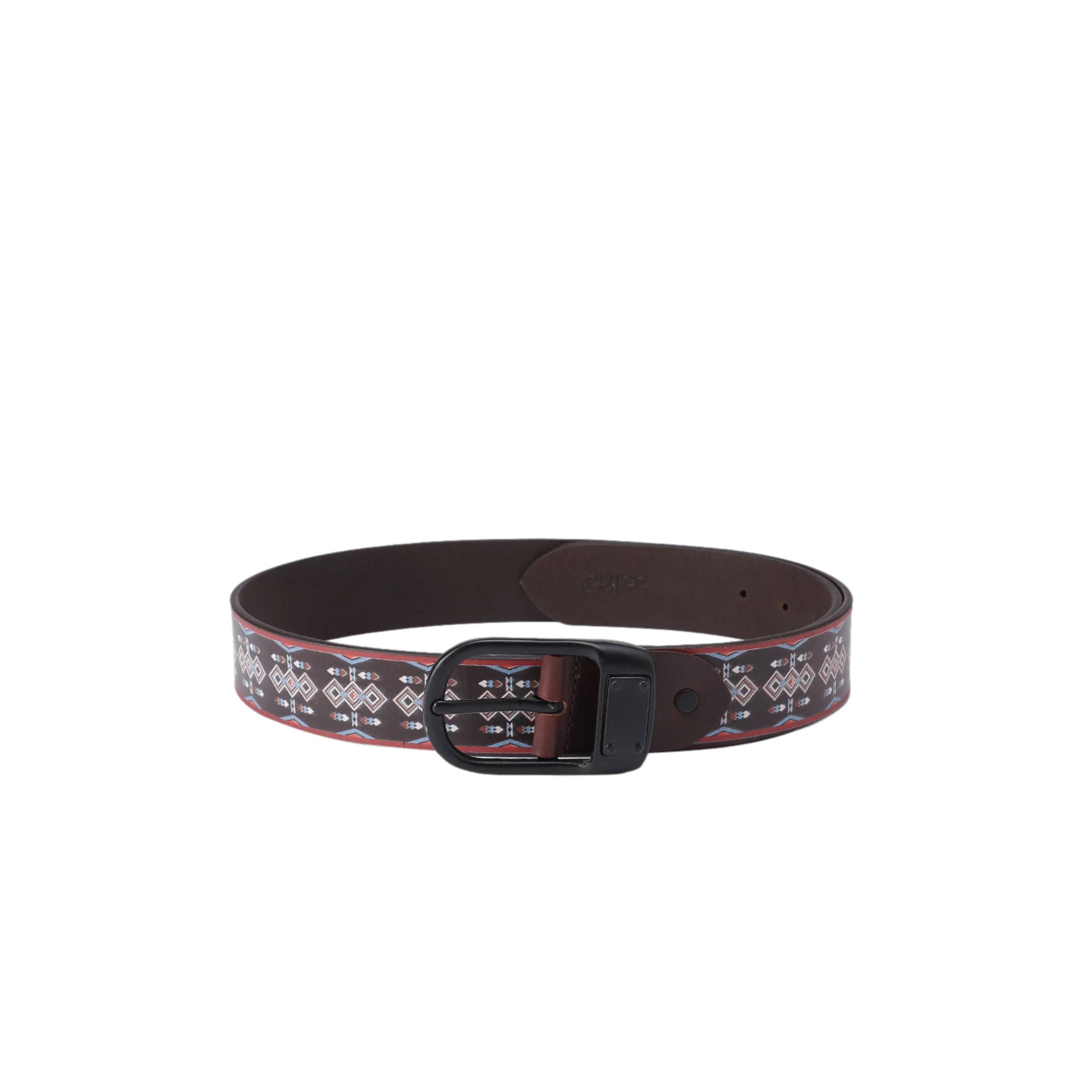 Unisex Tribal Patterned Leather Belt With Geometric Print Matte Black Buckle Handmade Style. - Image 2