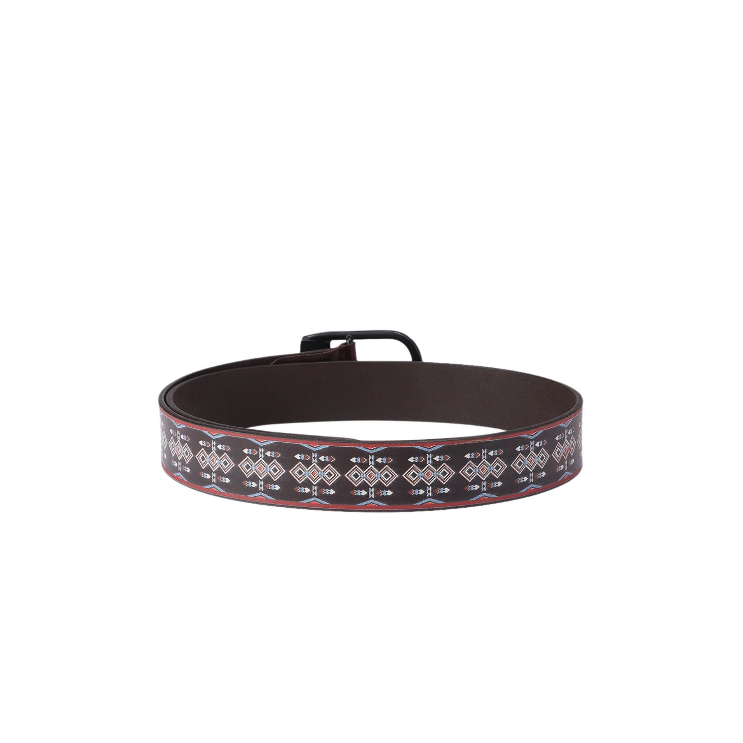 Unisex Tribal Patterned Leather Belt With Geometric Print Matte Black Buckle Handmade Style. - Image 4