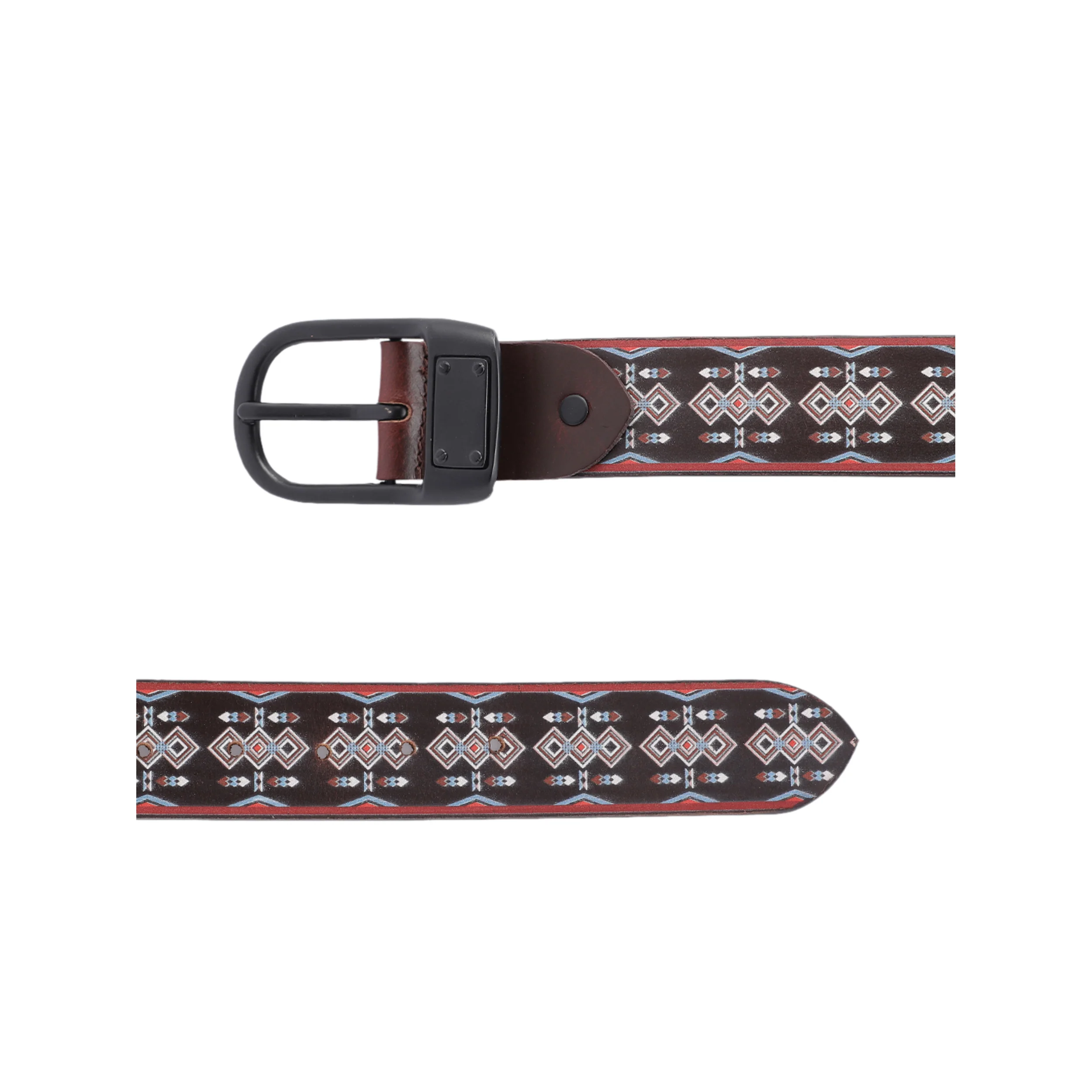 Unisex Tribal Patterned Leather Belt With Geometric Print Matte Black Buckle Handmade Style. - Image 5