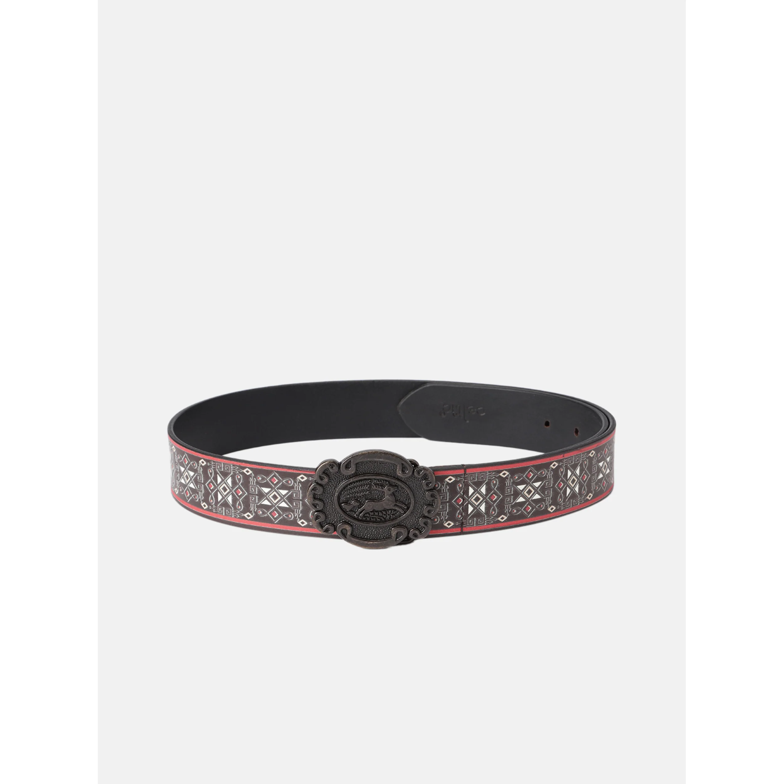 Unisex Genuine Leather Geometric Tribal Black Red Waist Belt Antique Buckle - Image 2