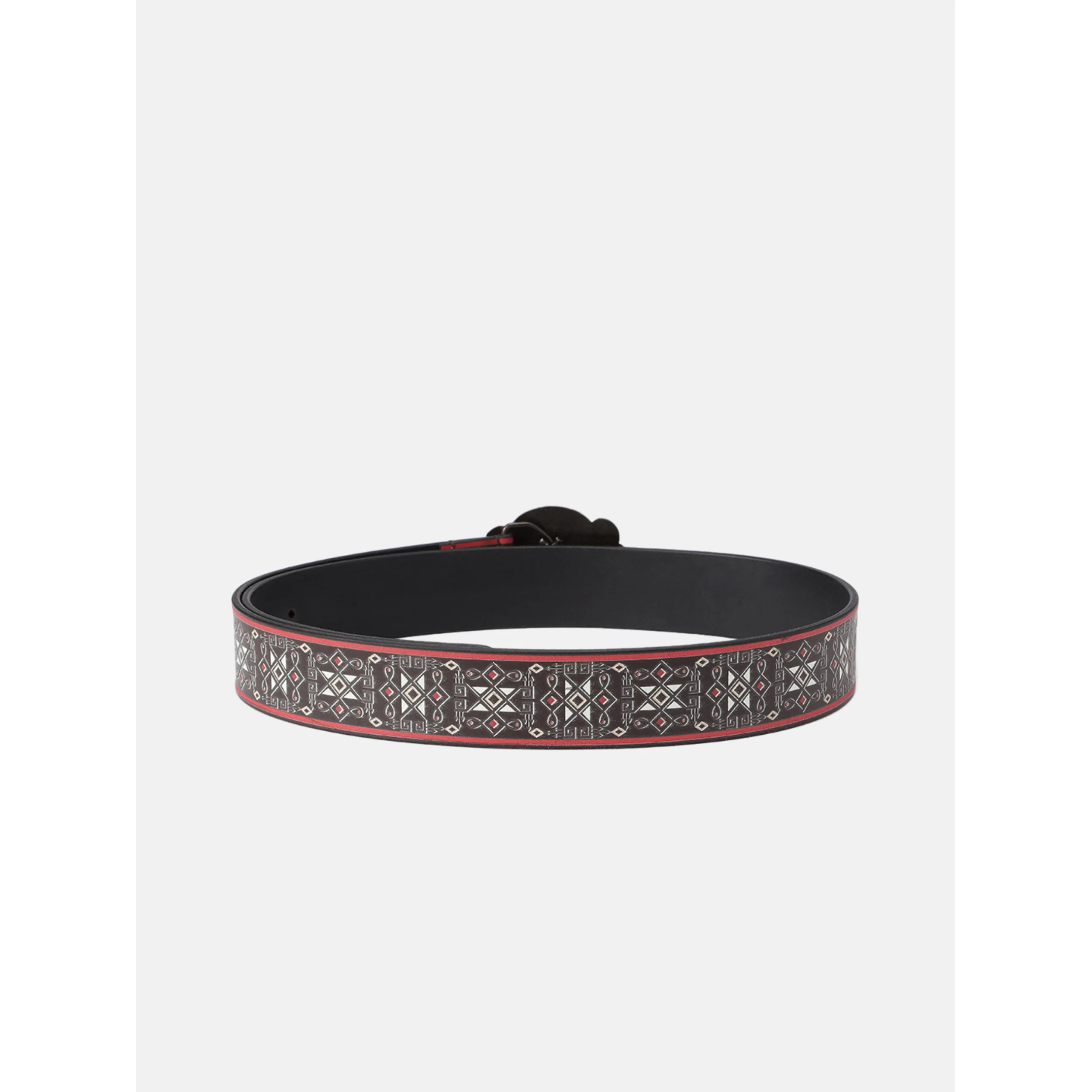 Unisex Genuine Leather Geometric Tribal Black Red Waist Belt Antique Buckle - Image 3
