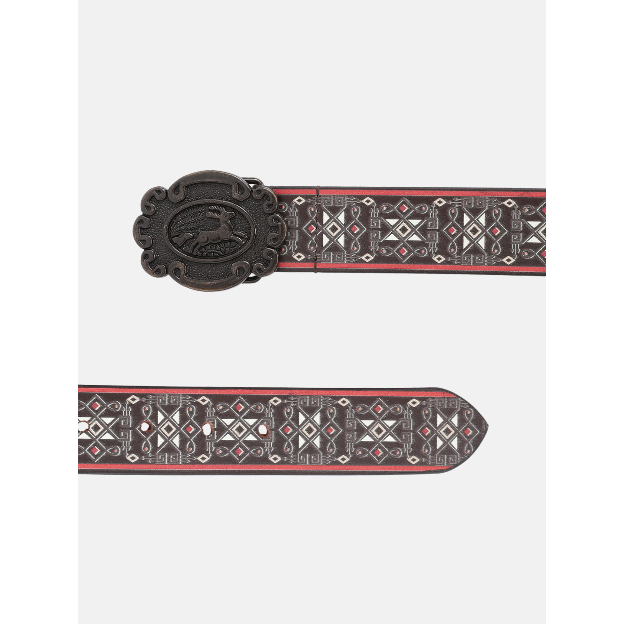 Unisex Genuine Leather Geometric Tribal Black Red Waist Belt Antique Buckle - Image 4