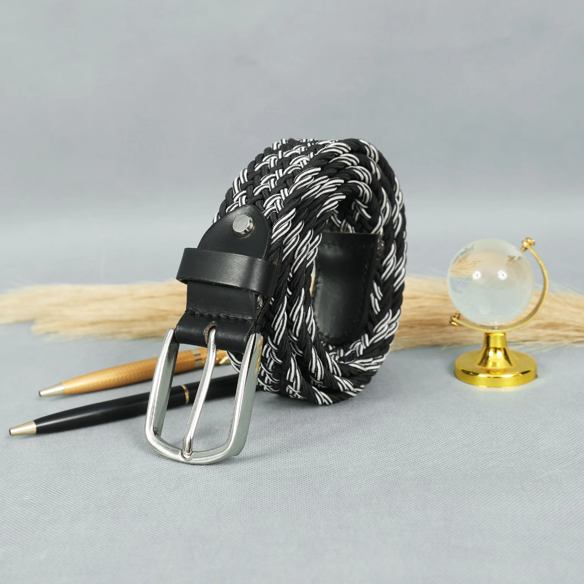 Handwoven Elastic Braided Belt With Leather Ends Adjustable Casual Wear Accessory - Image 2