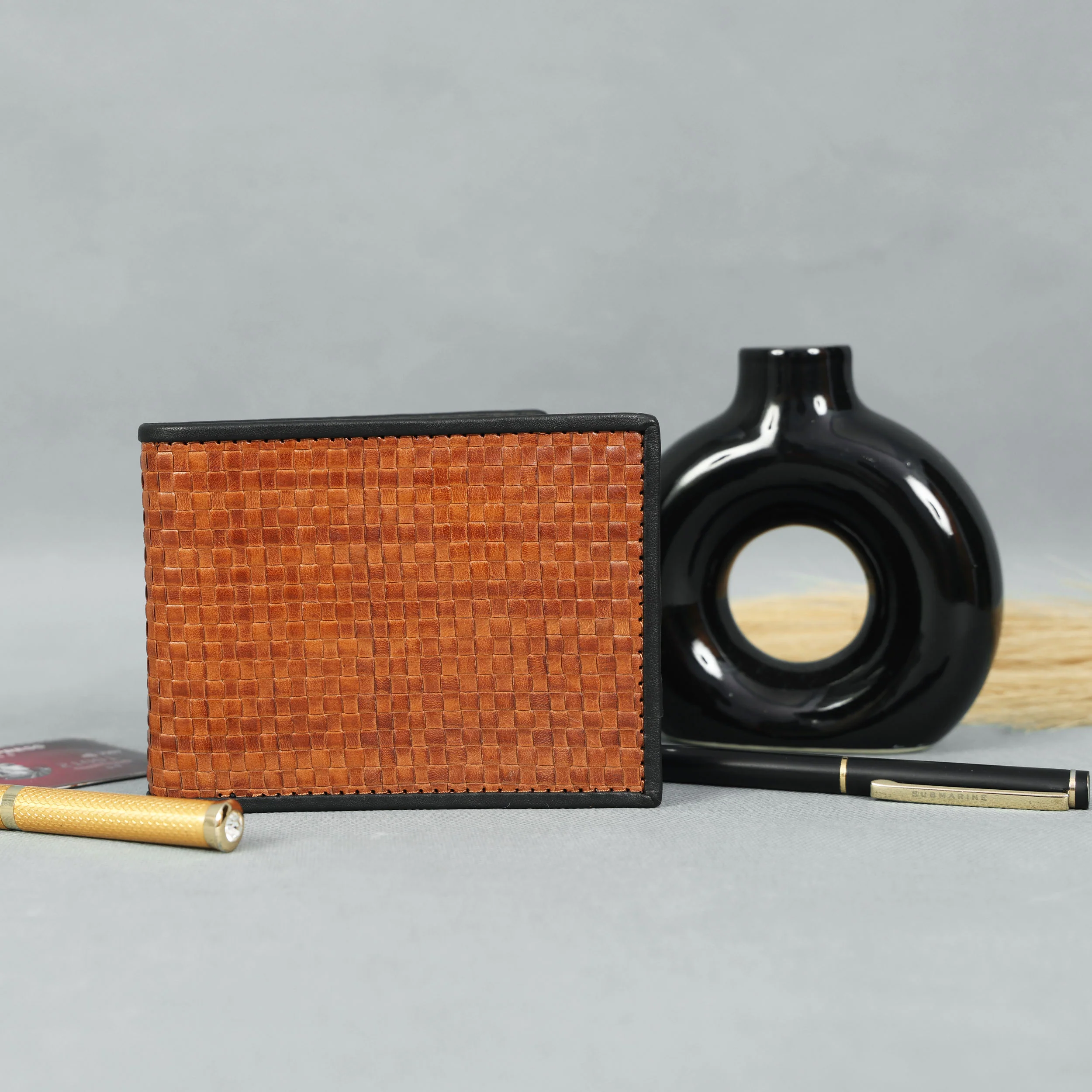 Premium Handwoven Genuine Leather Bi-Fold Wallet Tan & Black