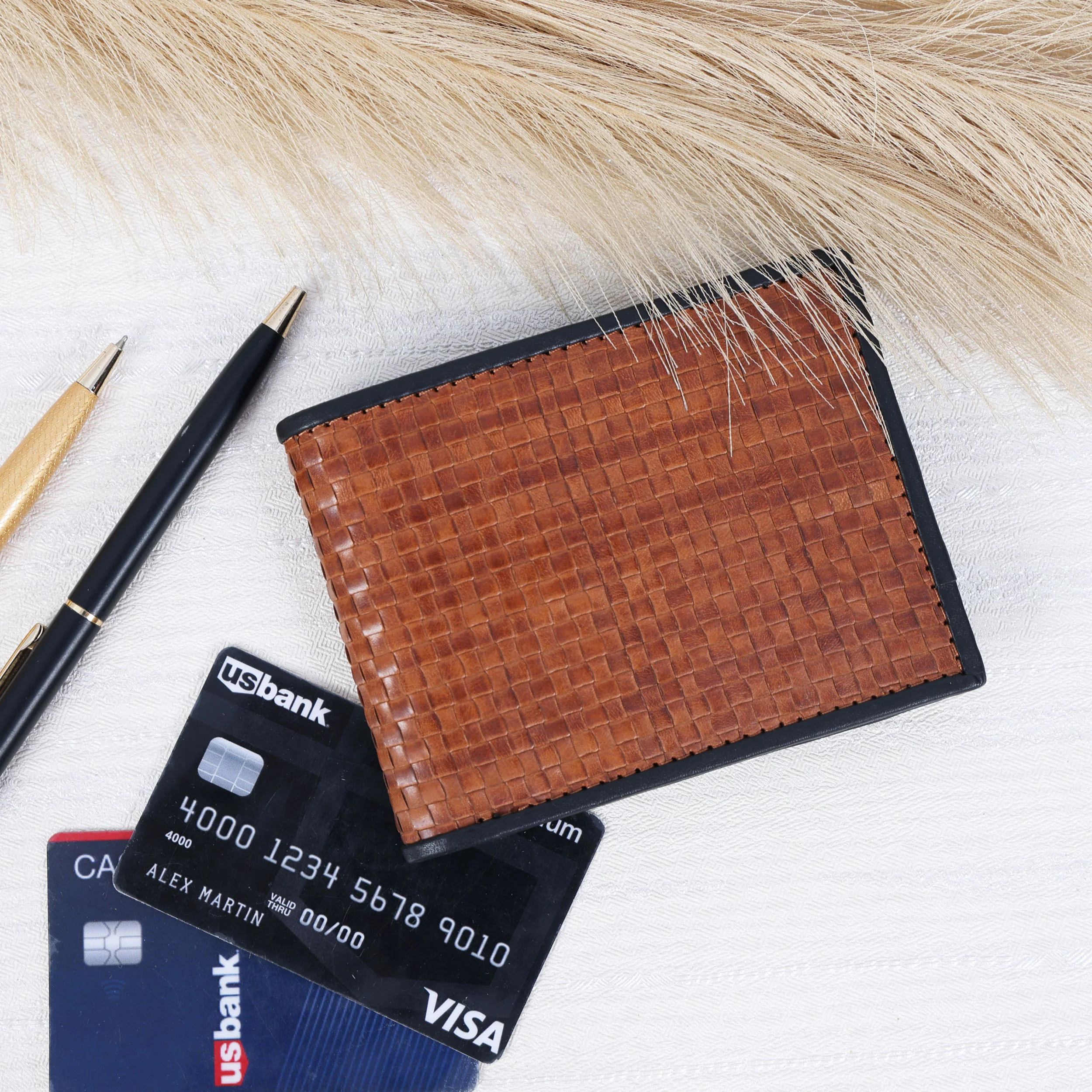 Premium Handwoven Genuine Leather Bi-Fold Wallet Tan & Black - Image 2