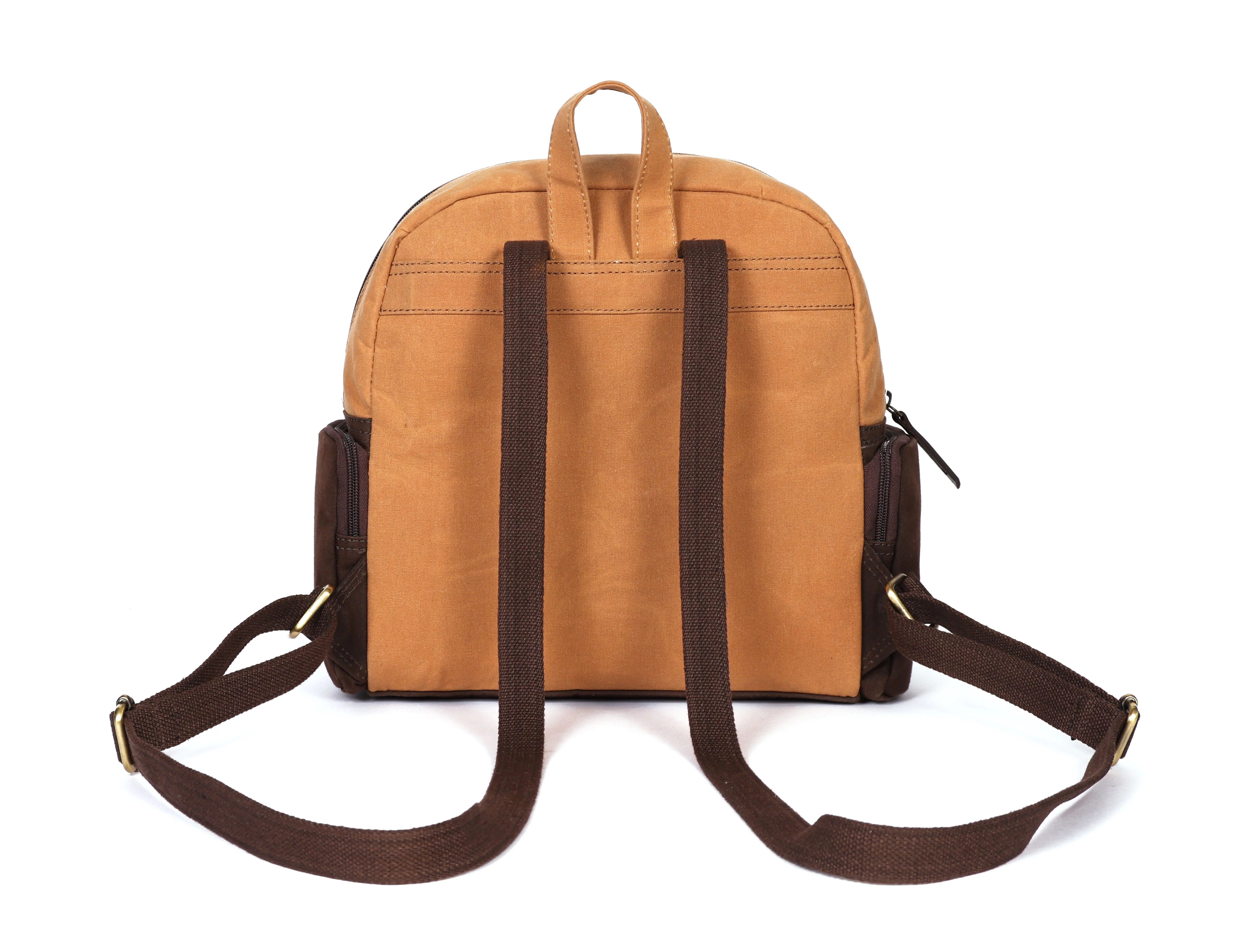 Premium Genuine  Leather & Canvas Mini Backpack with Multi Zip Pockets & Adjustable Straps - Image 3