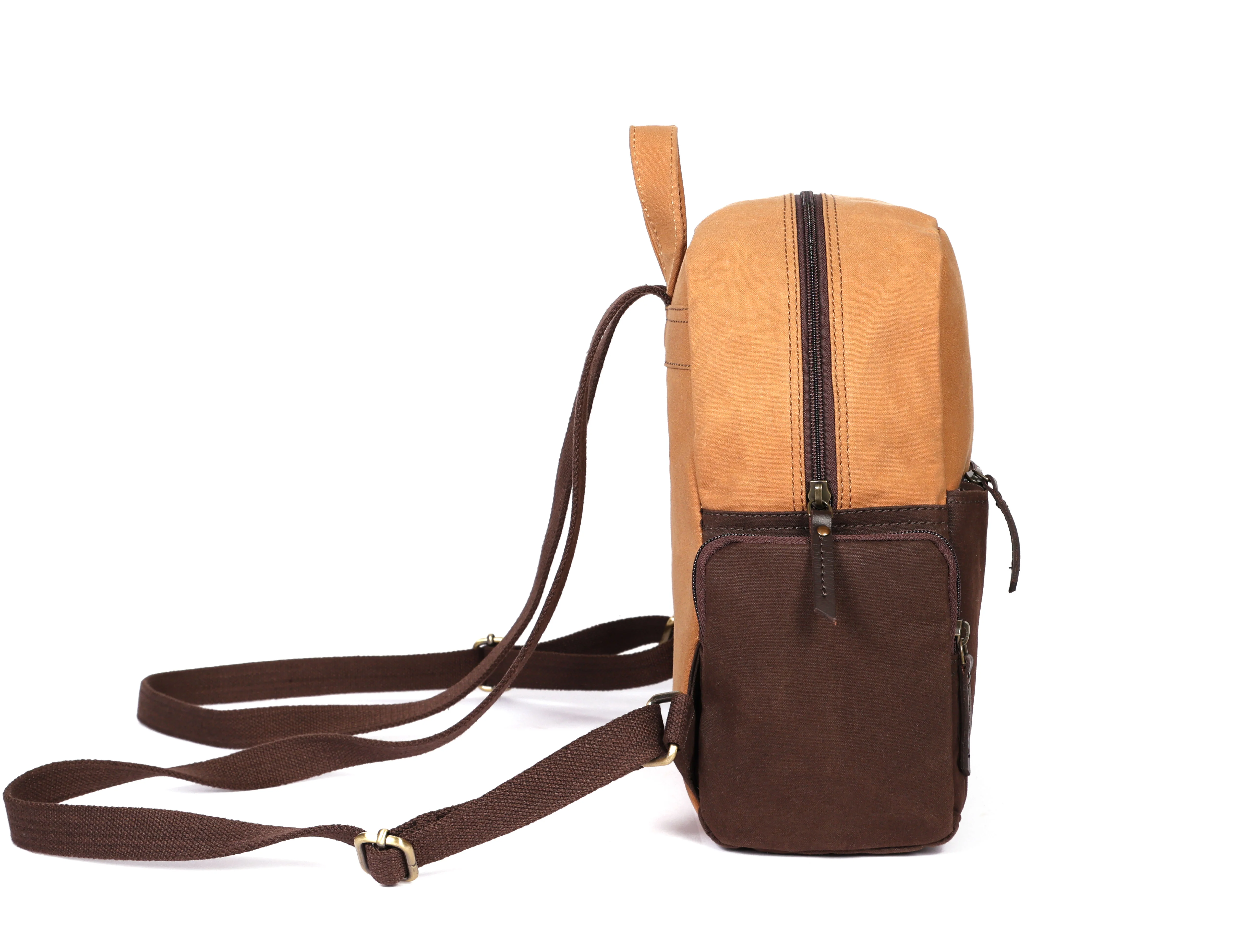 Premium Genuine  Leather & Canvas Mini Backpack with Multi Zip Pockets & Adjustable Straps - Image 4