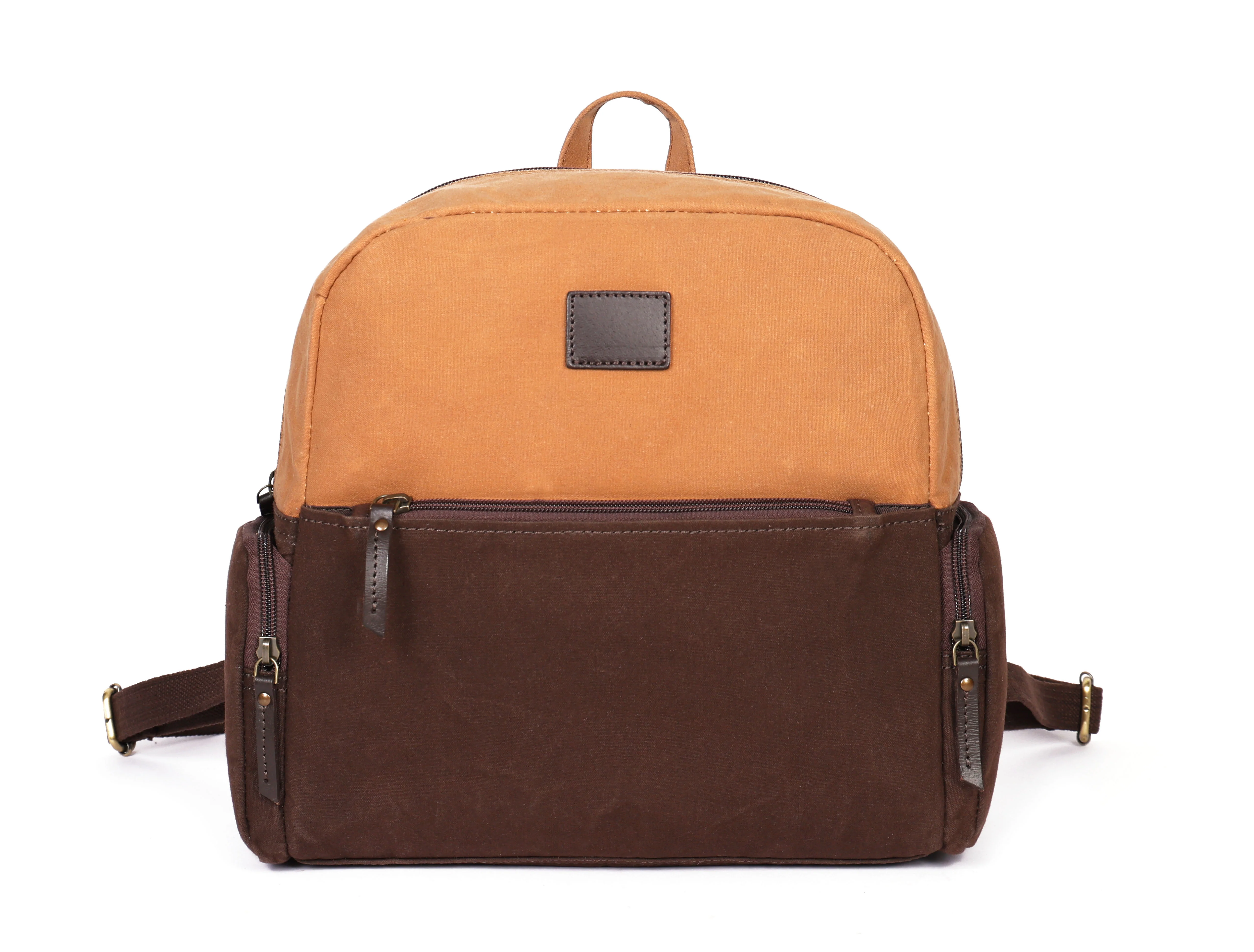 Premium Genuine  Leather & Canvas Mini Backpack with Multi Zip Pockets & Adjustable Straps - Image 6