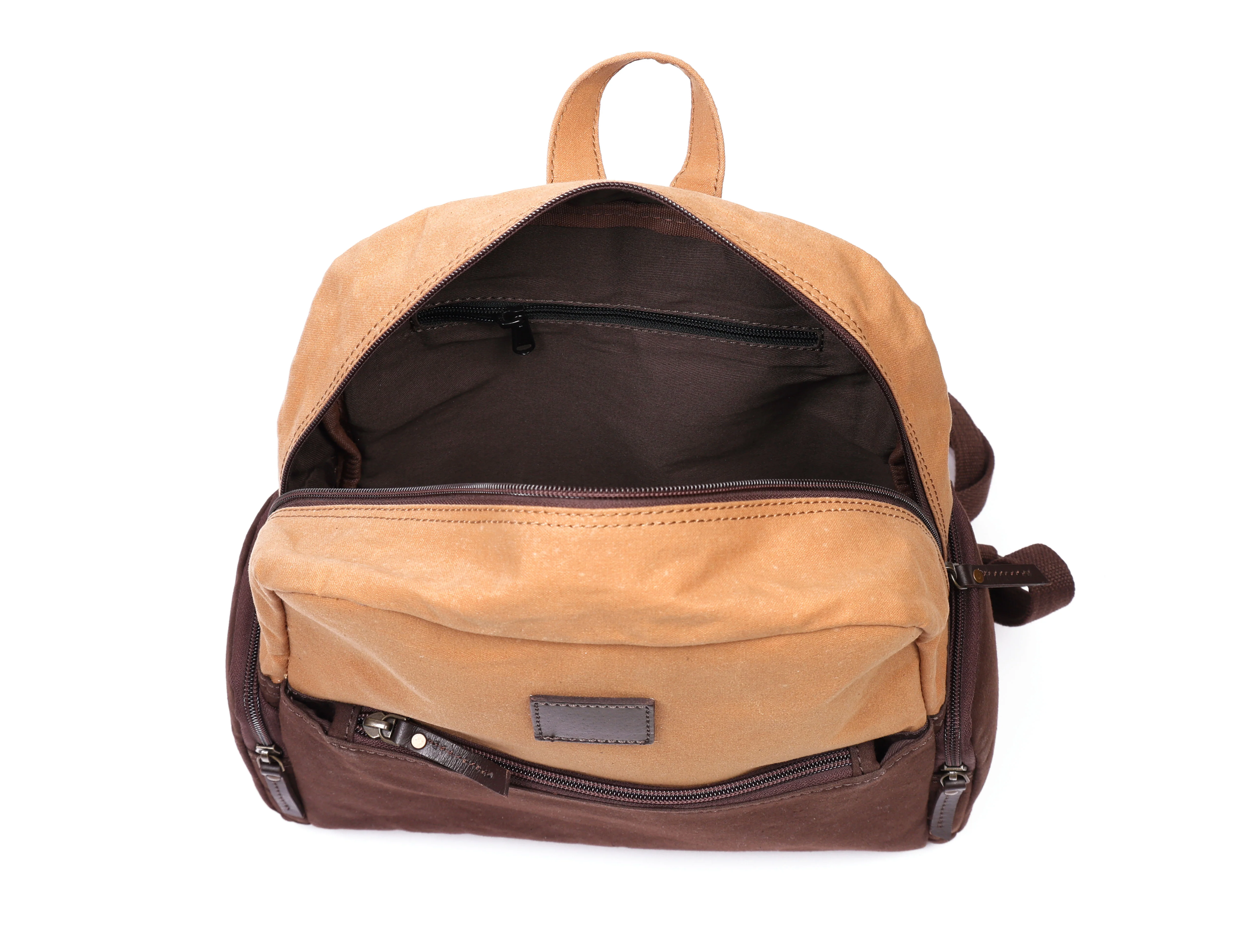 Premium Genuine  Leather & Canvas Mini Backpack with Multi Zip Pockets & Adjustable Straps - Image 7