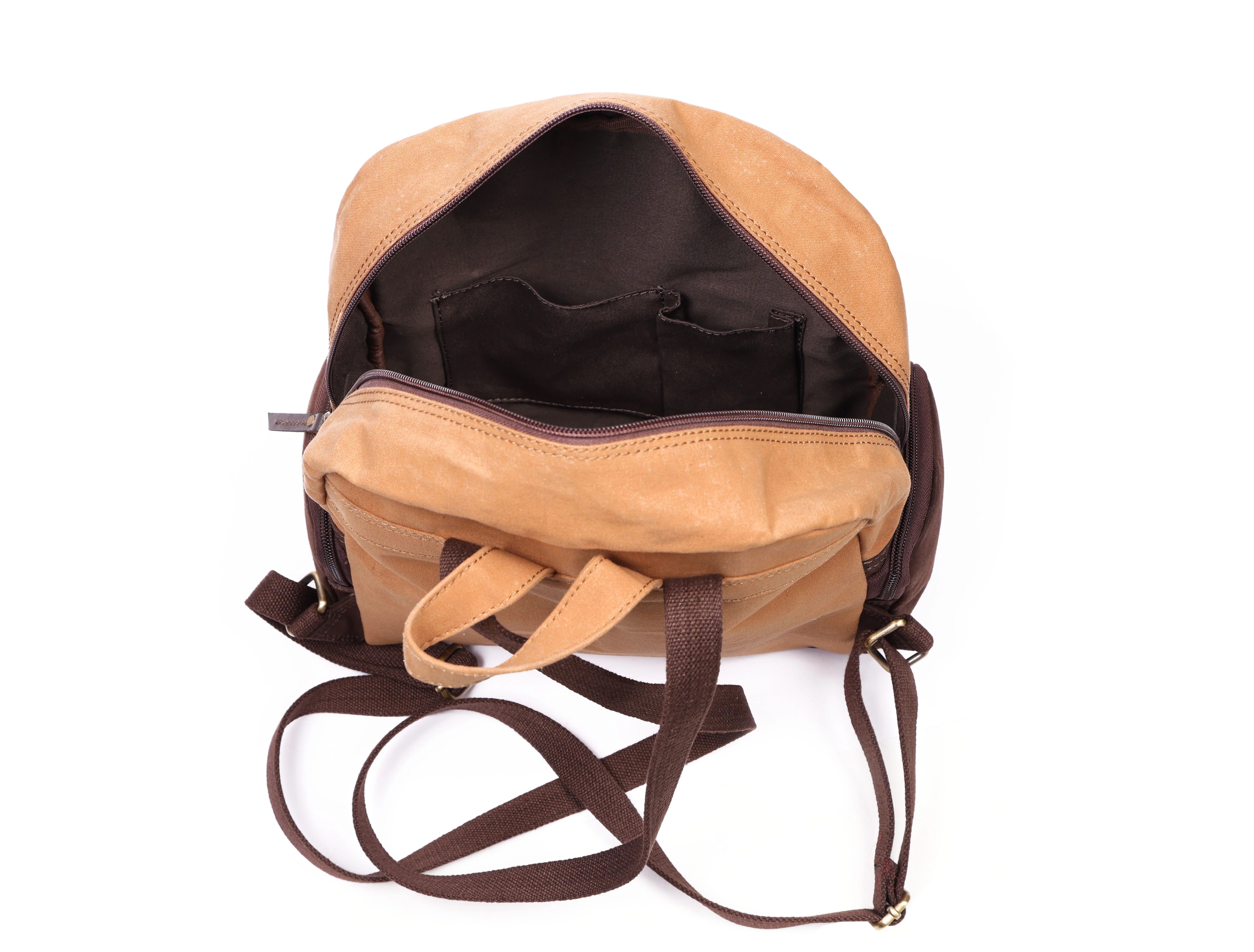 Premium Genuine  Leather & Canvas Mini Backpack with Multi Zip Pockets & Adjustable Straps - Image 8