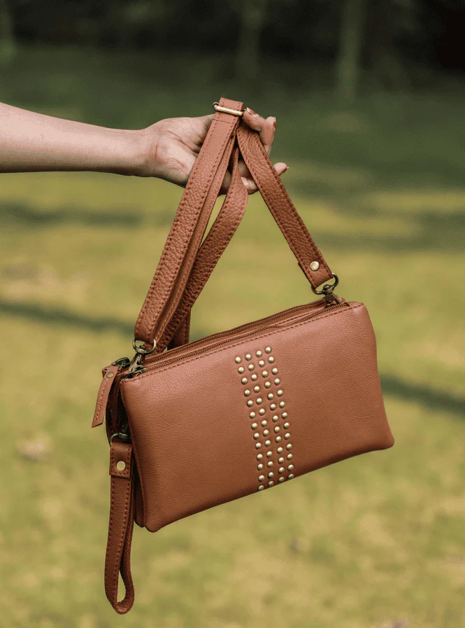 Premium Genuine Leather Studded Wristlet Sling with Dual Zip Compartments for Women