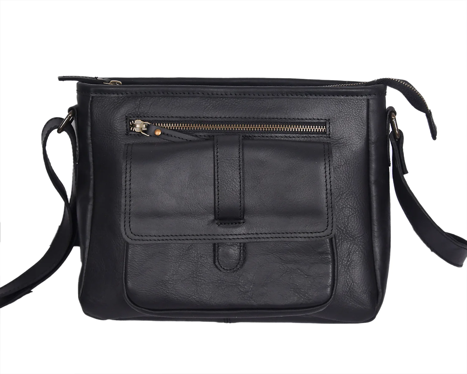 Classic Black Leather Crossbody Sling Bag with Front Pocket & Zip Closure - Image 3