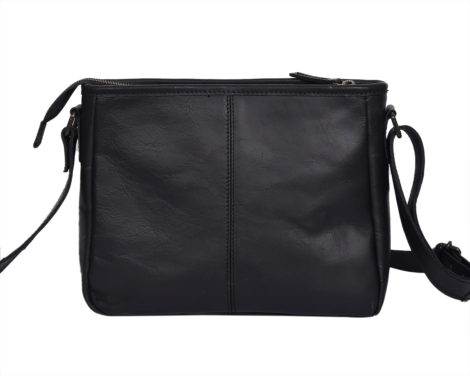 Classic Black Leather Crossbody Sling Bag with Front Pocket & Zip Closure - Image 6