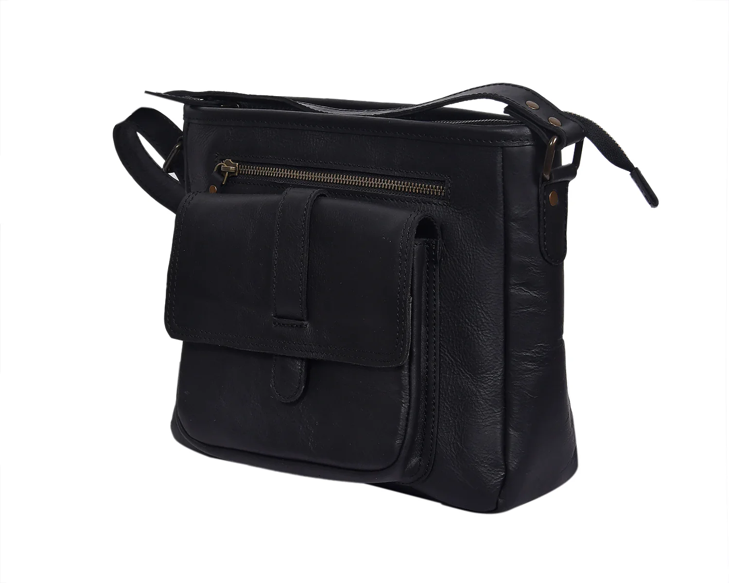 Classic Black Leather Crossbody Sling Bag with Front Pocket & Zip Closure - Image 7
