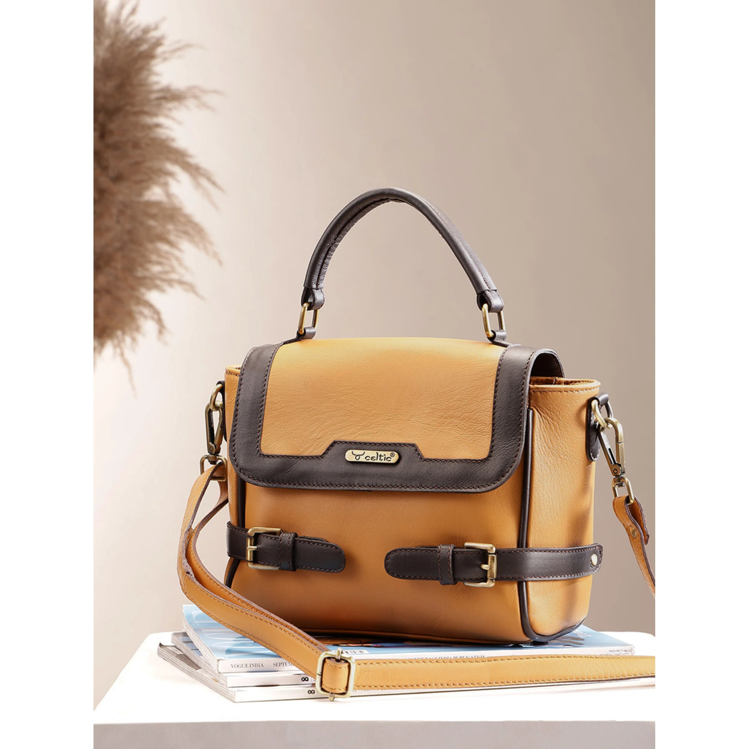 Premium Genuine Brown Leather Top Handle Handbag with Adjustable Strap - Image 3