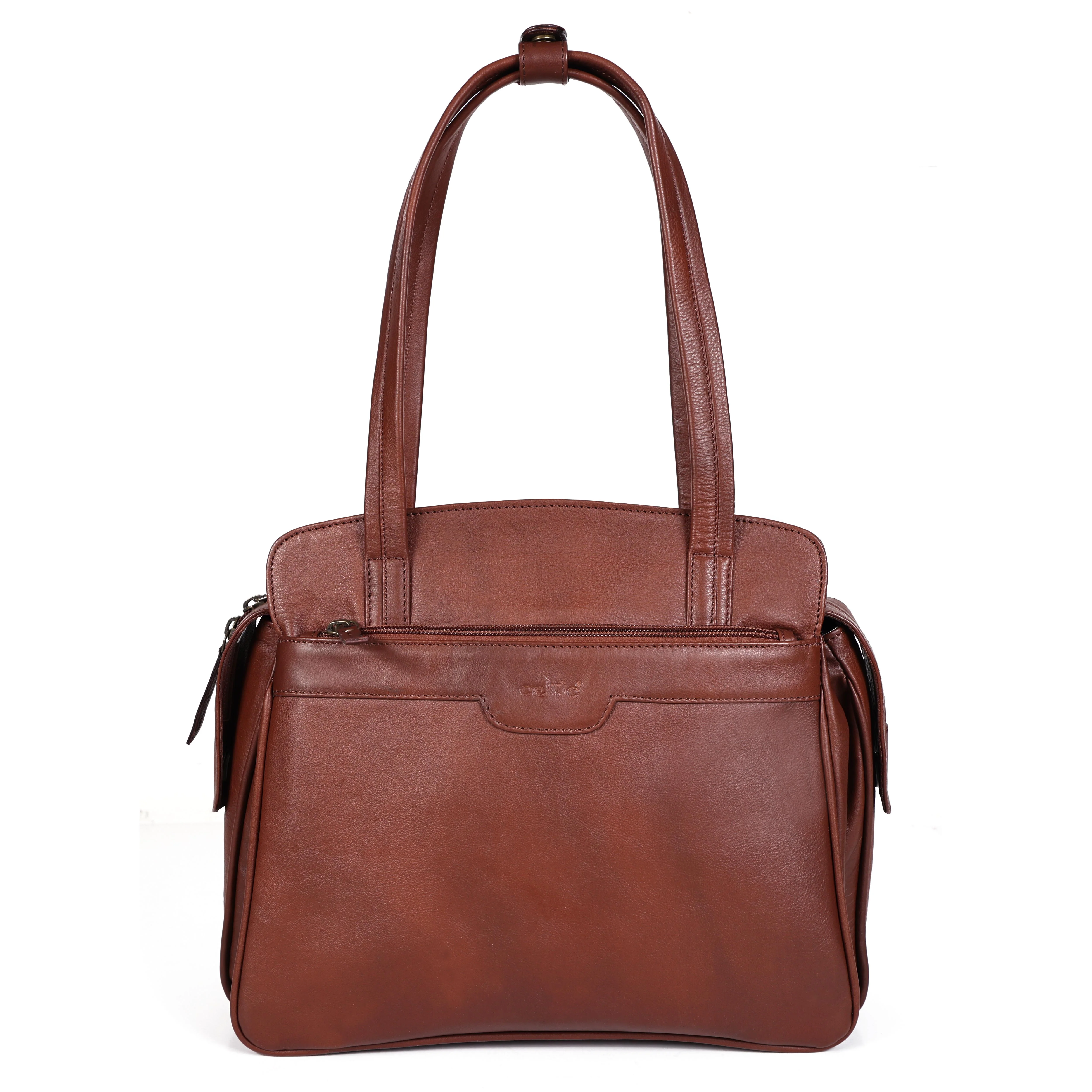 Premium Genuine Leather Structured Shoulder Bag with Dual Zip Compartments & Fixed Straps - Image 10