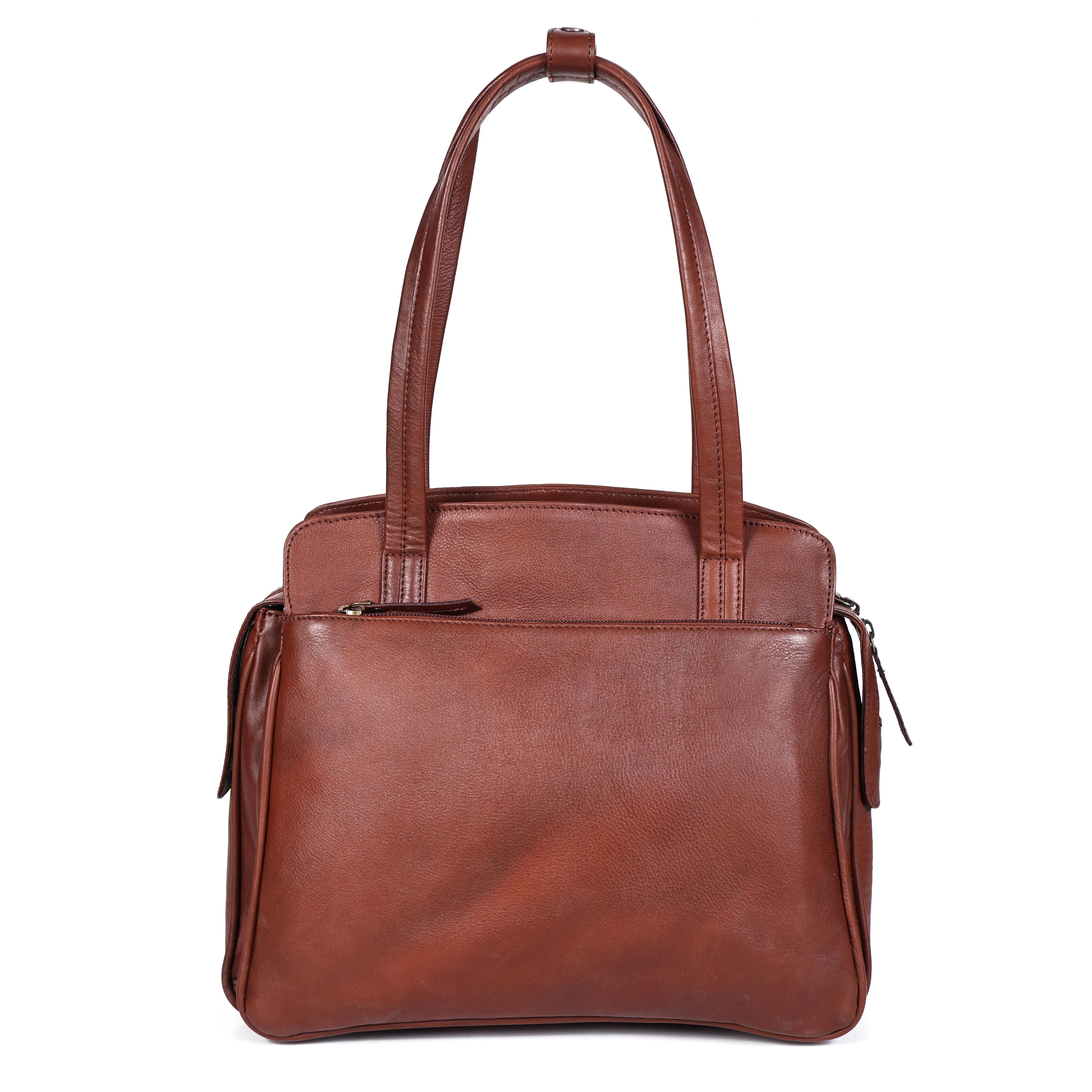 Premium Genuine Leather Structured Shoulder Bag with Dual Zip Compartments & Fixed Straps - Image 11
