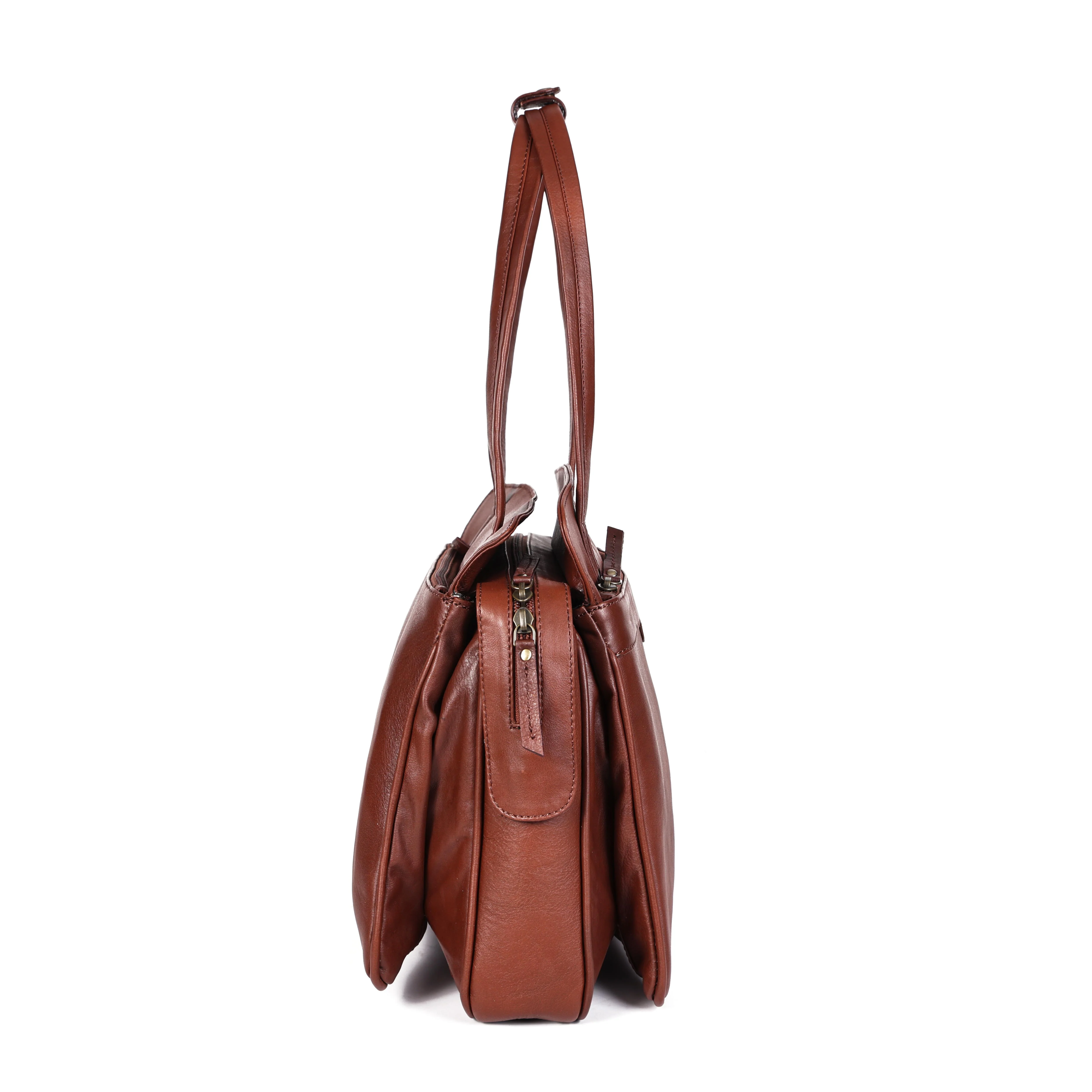Premium Genuine Leather Structured Shoulder Bag with Dual Zip Compartments & Fixed Straps - Image 12