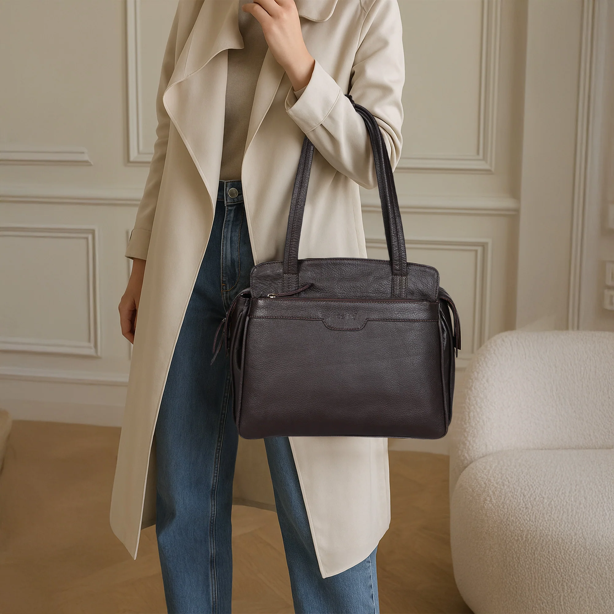 Premium Genuine Leather Structured Shoulder Bag with Dual Zip Compartments & Fixed Straps - Image 14