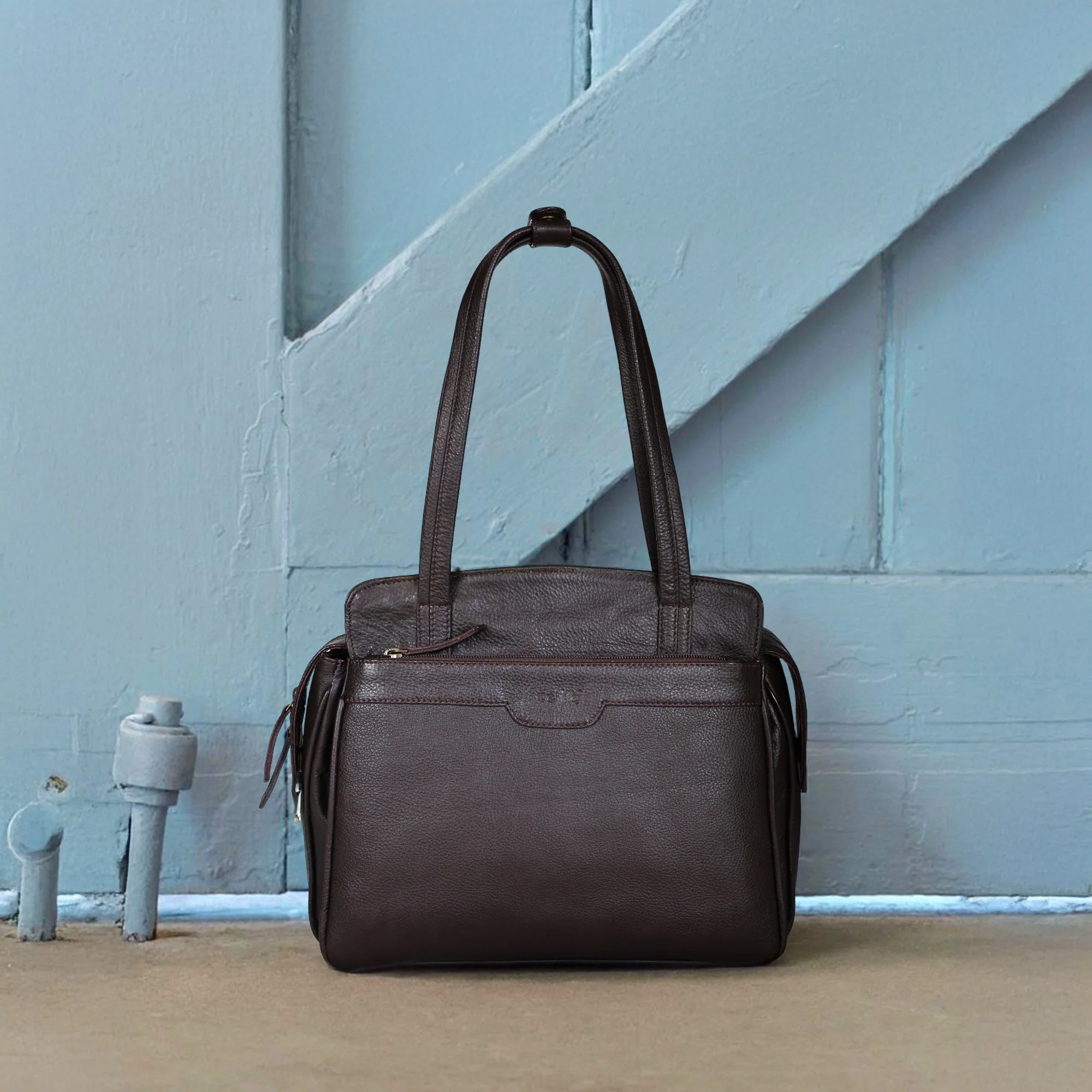 Premium Genuine Leather Structured Shoulder Bag with Dual Zip Compartments & Fixed Straps - Image 15