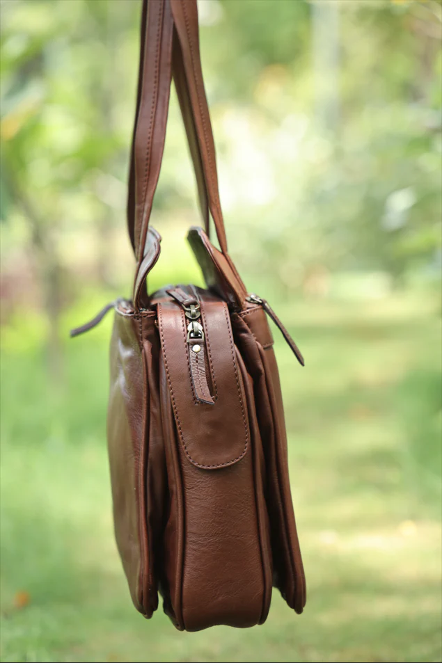 Premium Genuine Leather Structured Shoulder Bag with Dual Zip Compartments & Fixed Straps - Image 2