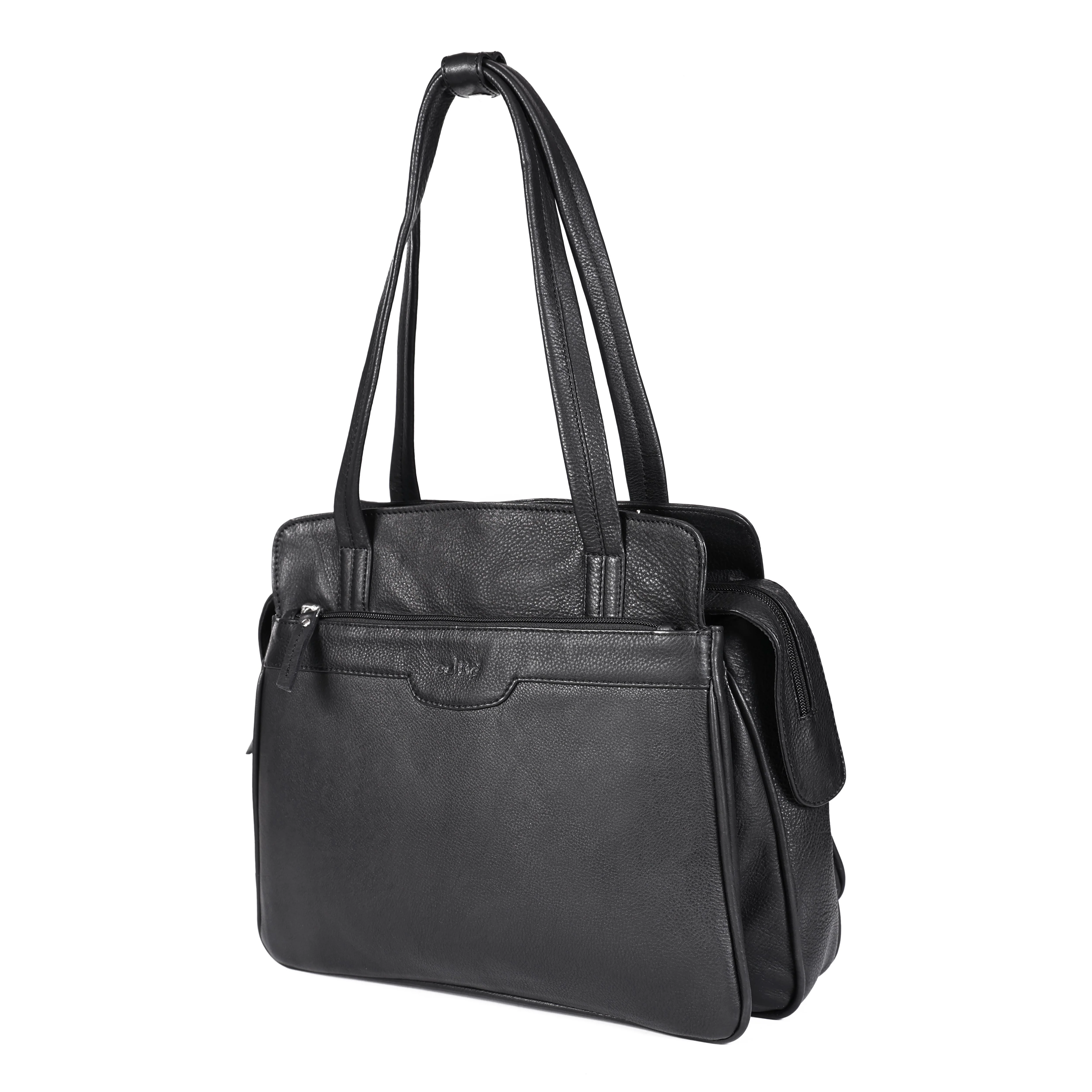 Premium Genuine Leather Structured Shoulder Bag with Dual Zip Compartments & Fixed Straps - Image 24