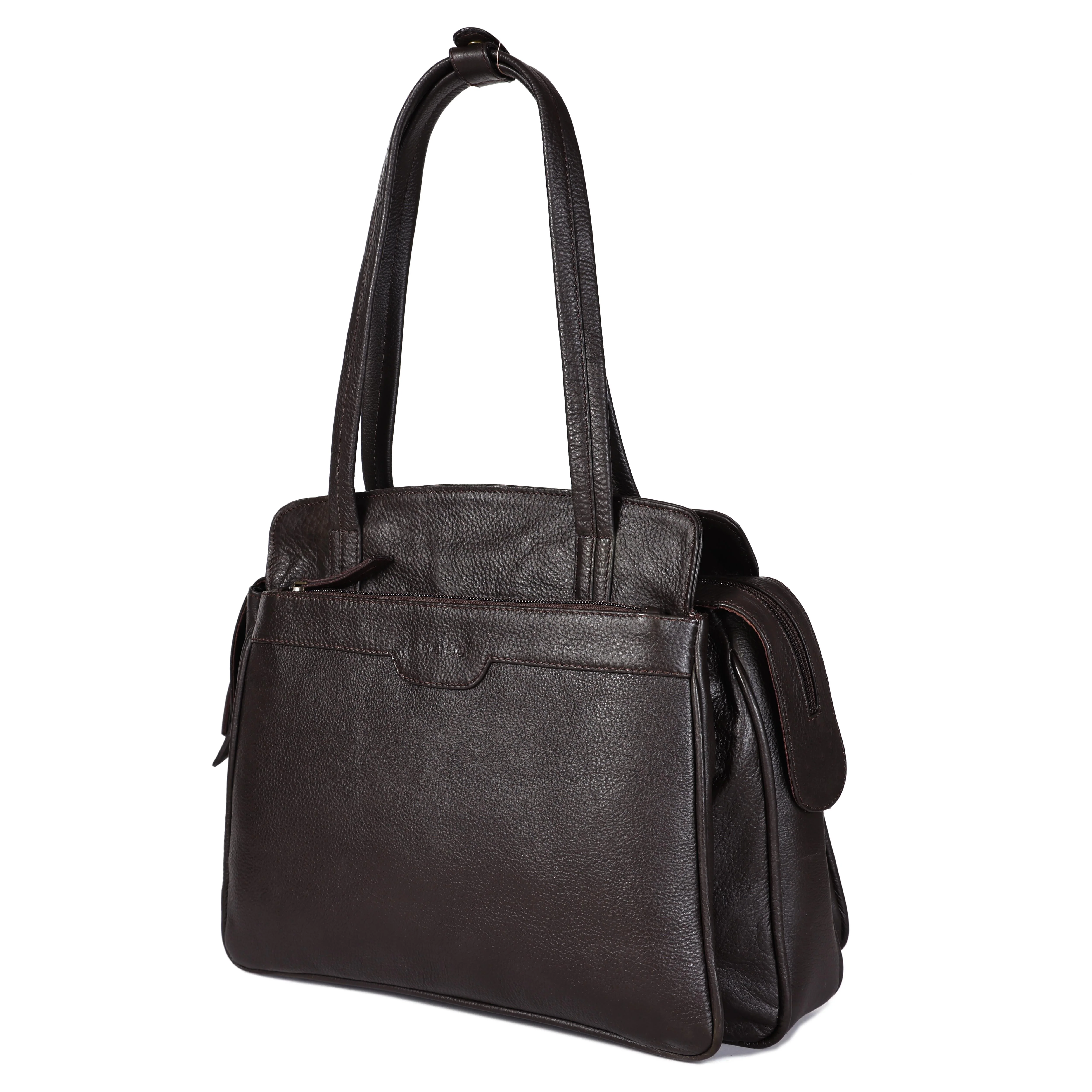 Premium Genuine Leather Structured Shoulder Bag with Dual Zip Compartments & Fixed Straps - Image 25
