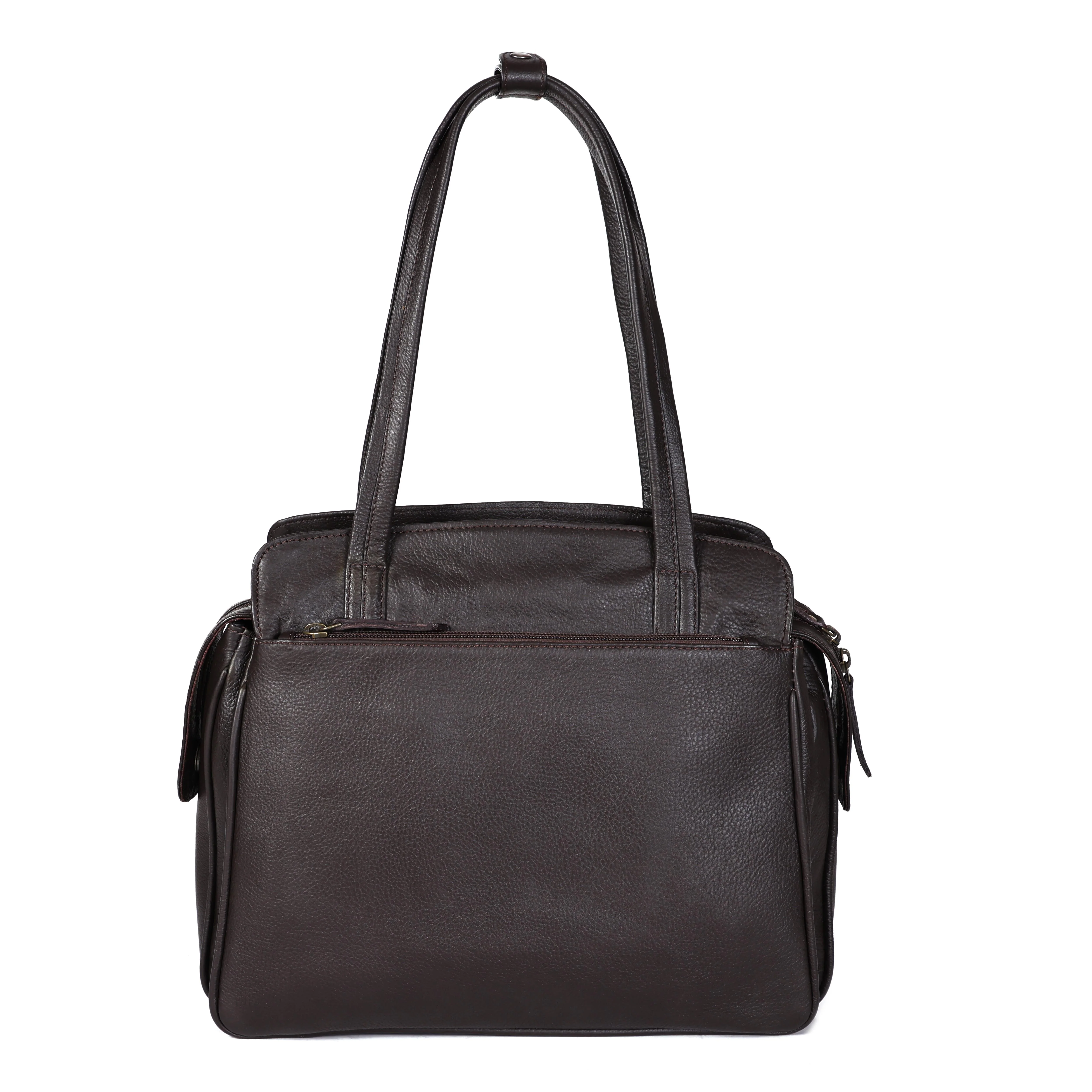 Premium Genuine Leather Structured Shoulder Bag with Dual Zip Compartments & Fixed Straps - Image 26