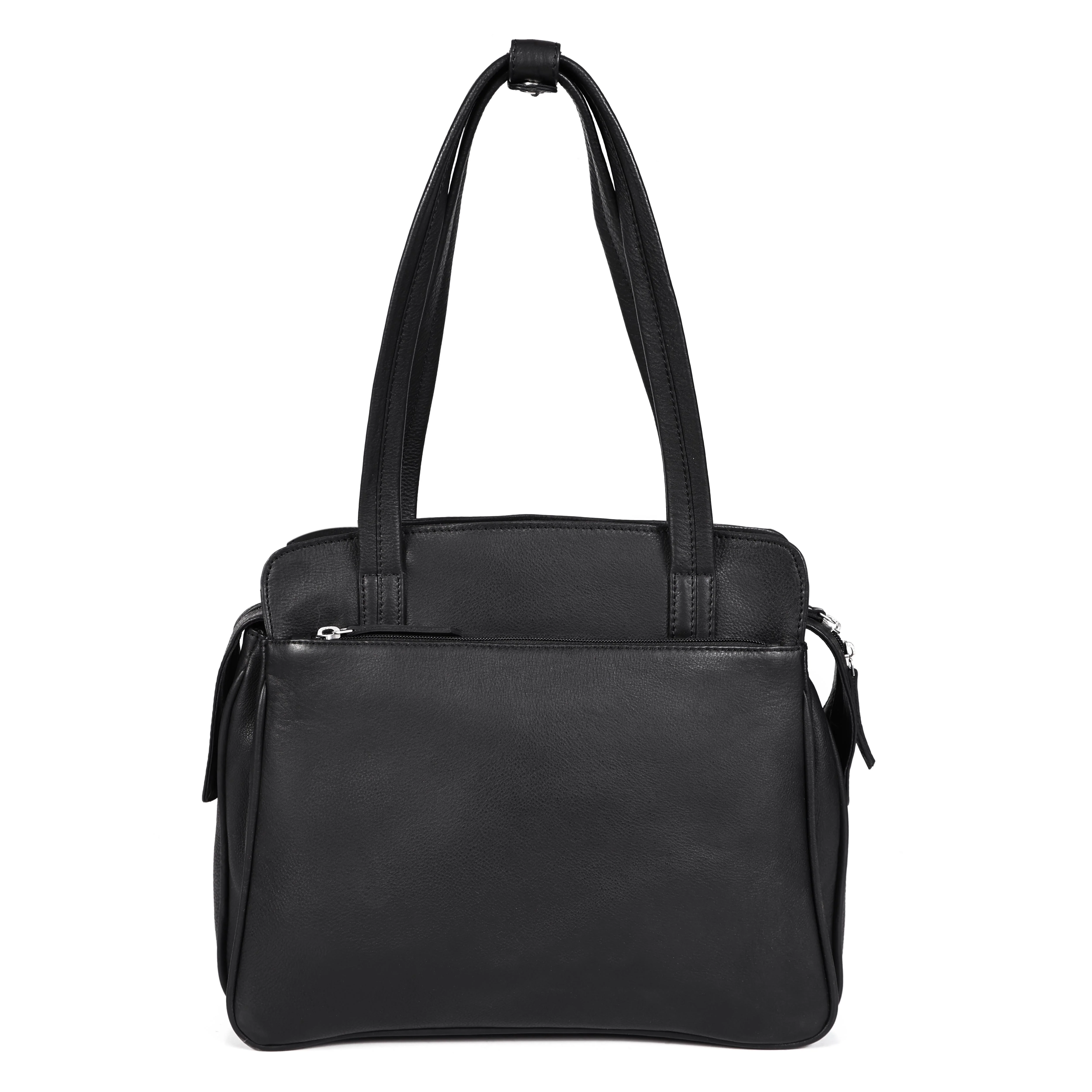 Premium Genuine Leather Structured Shoulder Bag with Dual Zip Compartments & Fixed Straps - Image 27