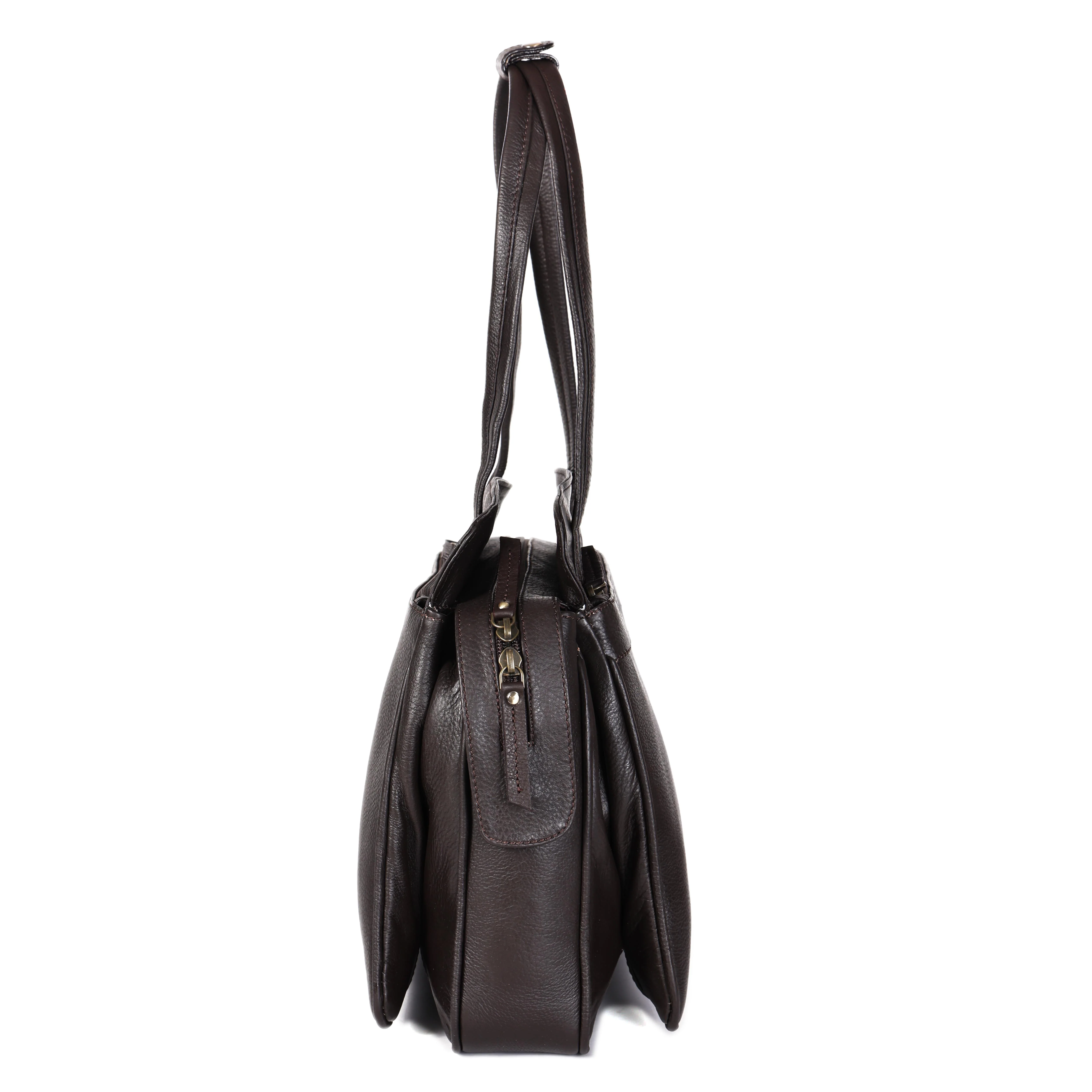 Premium Genuine Leather Structured Shoulder Bag with Dual Zip Compartments & Fixed Straps - Image 28