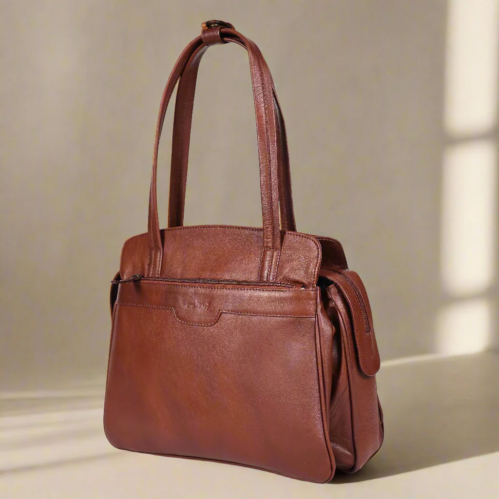 Premium Genuine Leather Structured Shoulder Bag with Dual Zip Compartments & Fixed Straps - Image 3