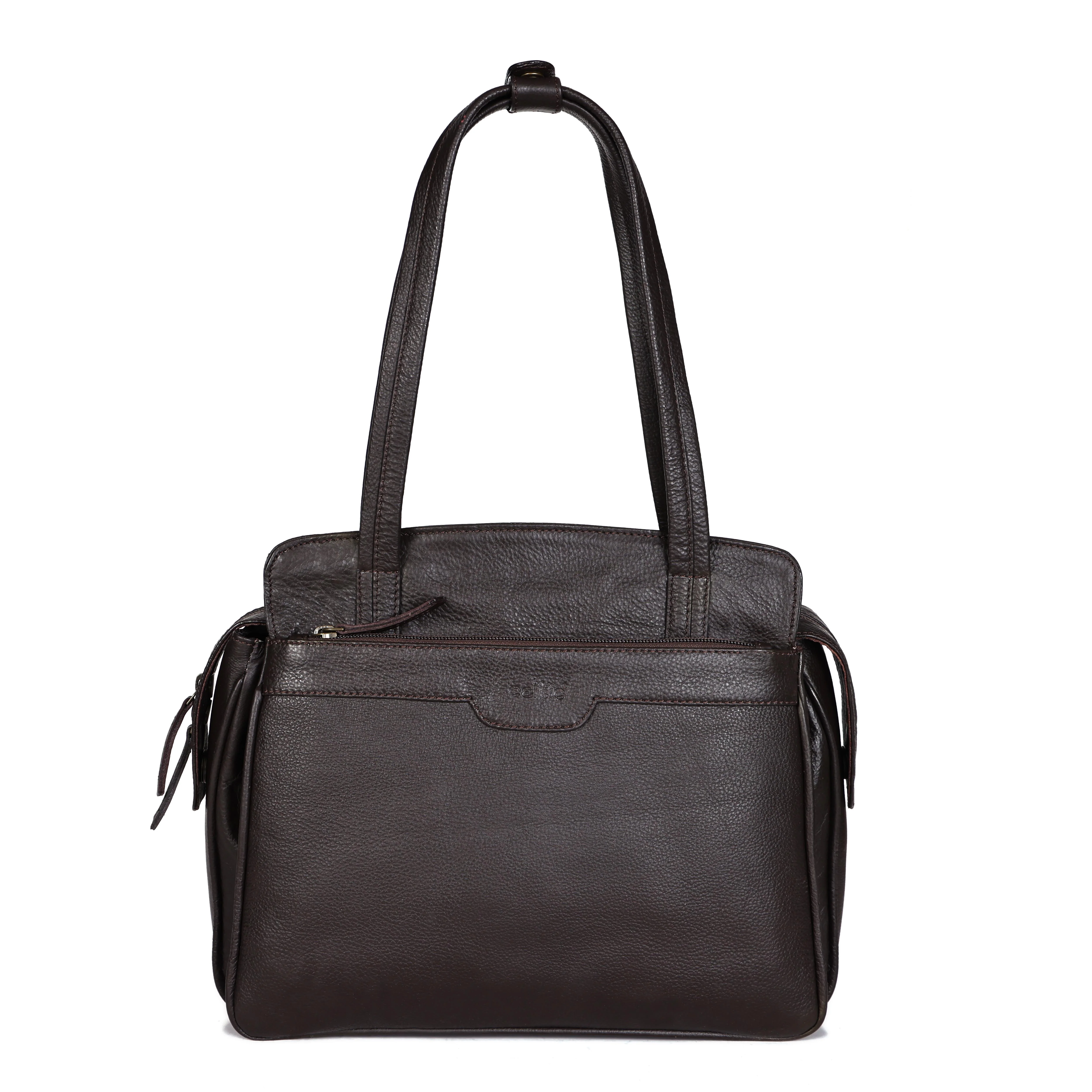 Premium Genuine Leather Structured Shoulder Bag with Dual Zip Compartments & Fixed Straps - Image 30