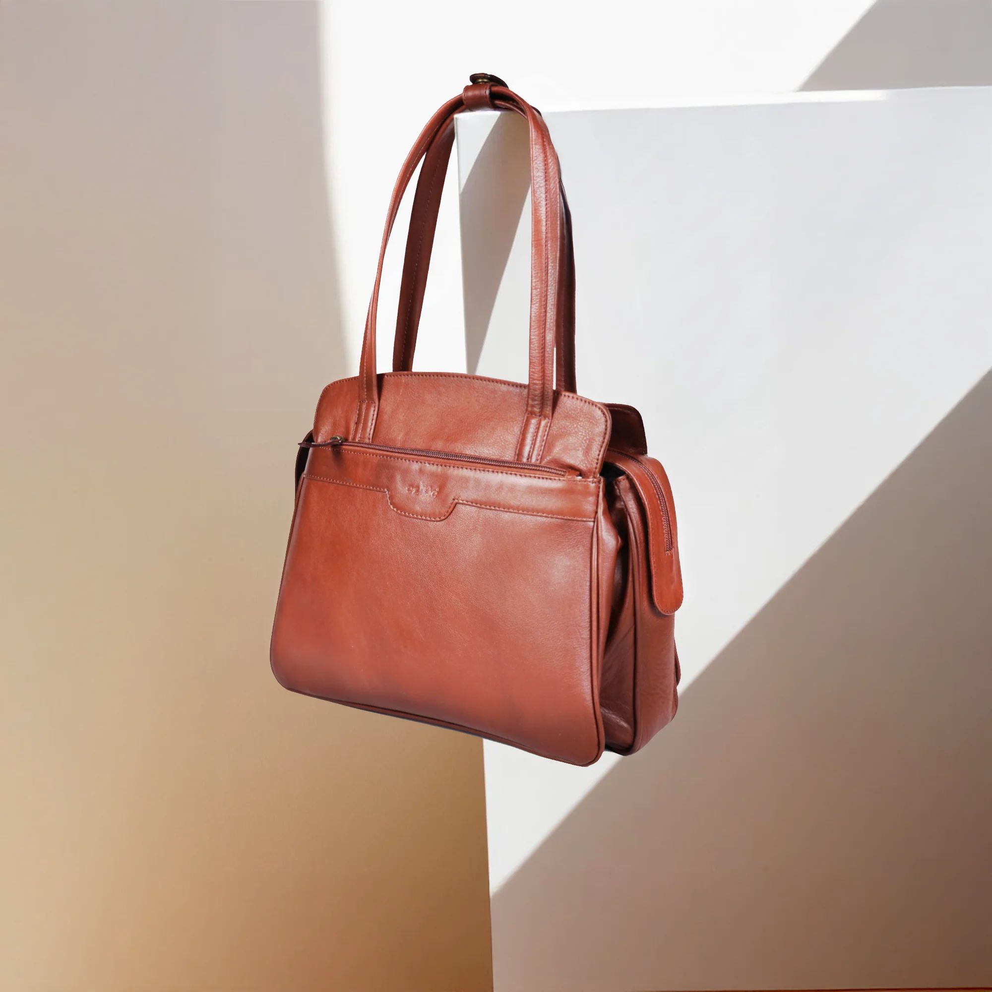 Premium Genuine Leather Structured Shoulder Bag with Dual Zip Compartments & Fixed Straps - Image 4