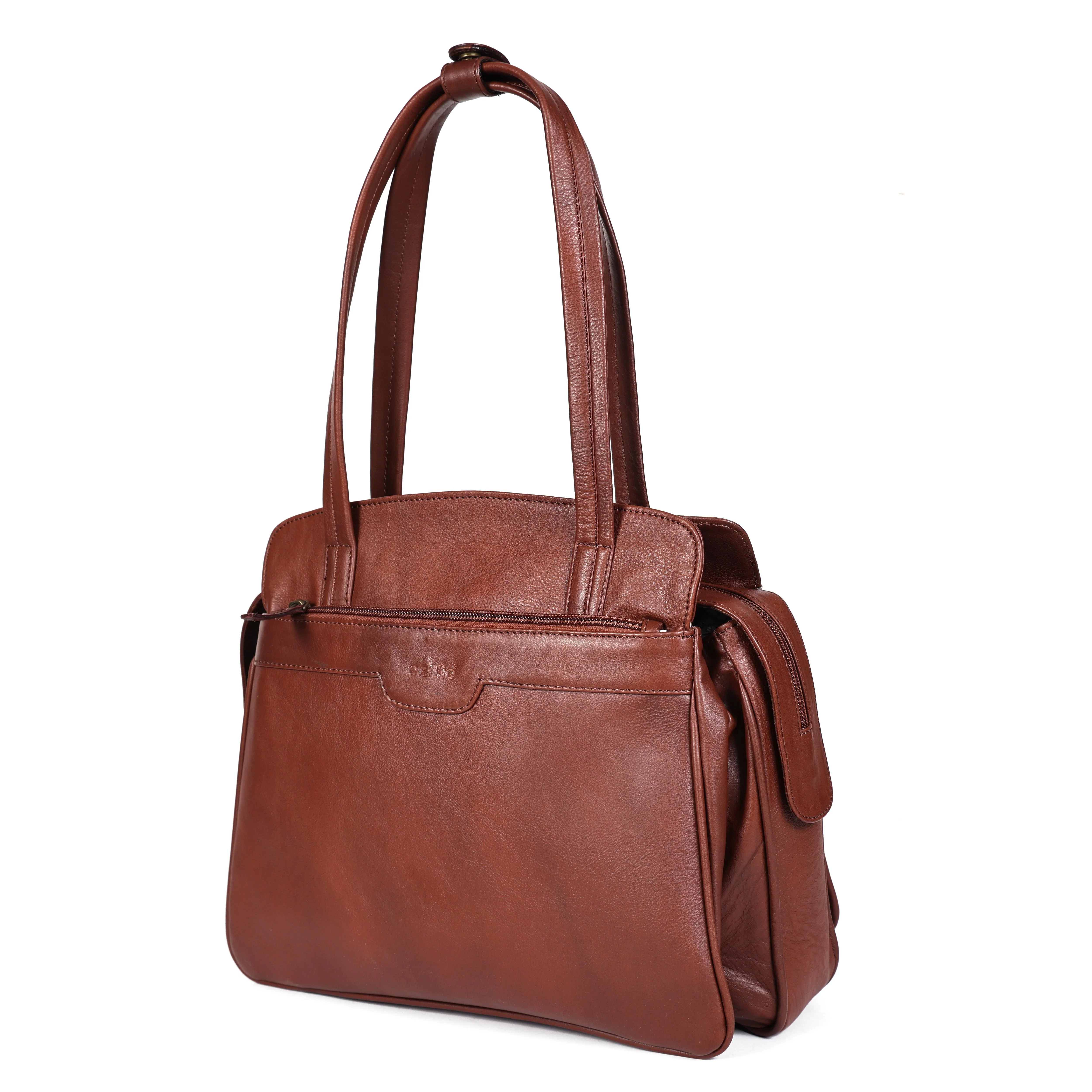 Premium Genuine Leather Structured Shoulder Bag with Dual Zip Compartments & Fixed Straps - Image 9
