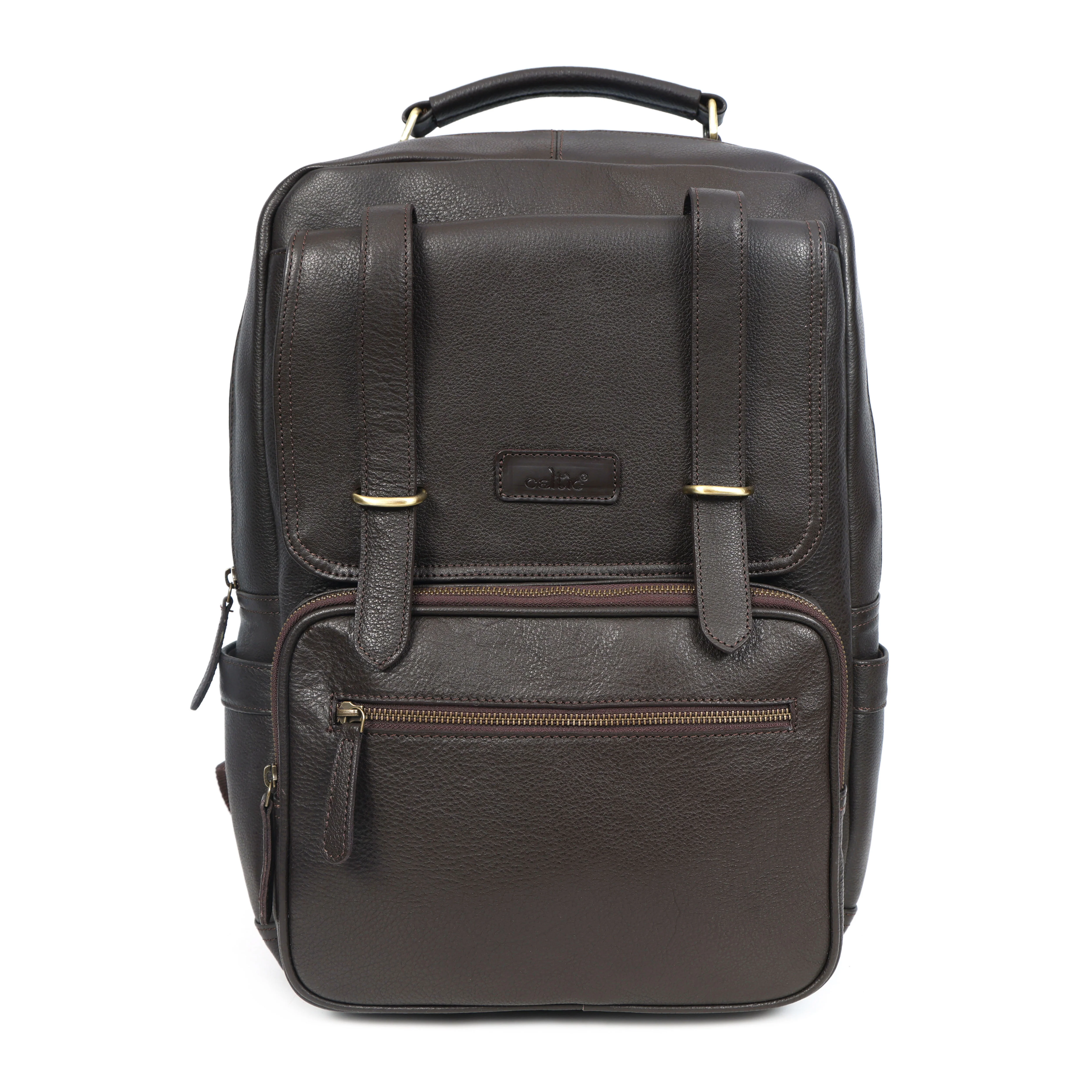 Premium Genuine Leather Laptop Backpack with Multi-Zip Compartments & Top Handle - Image 10