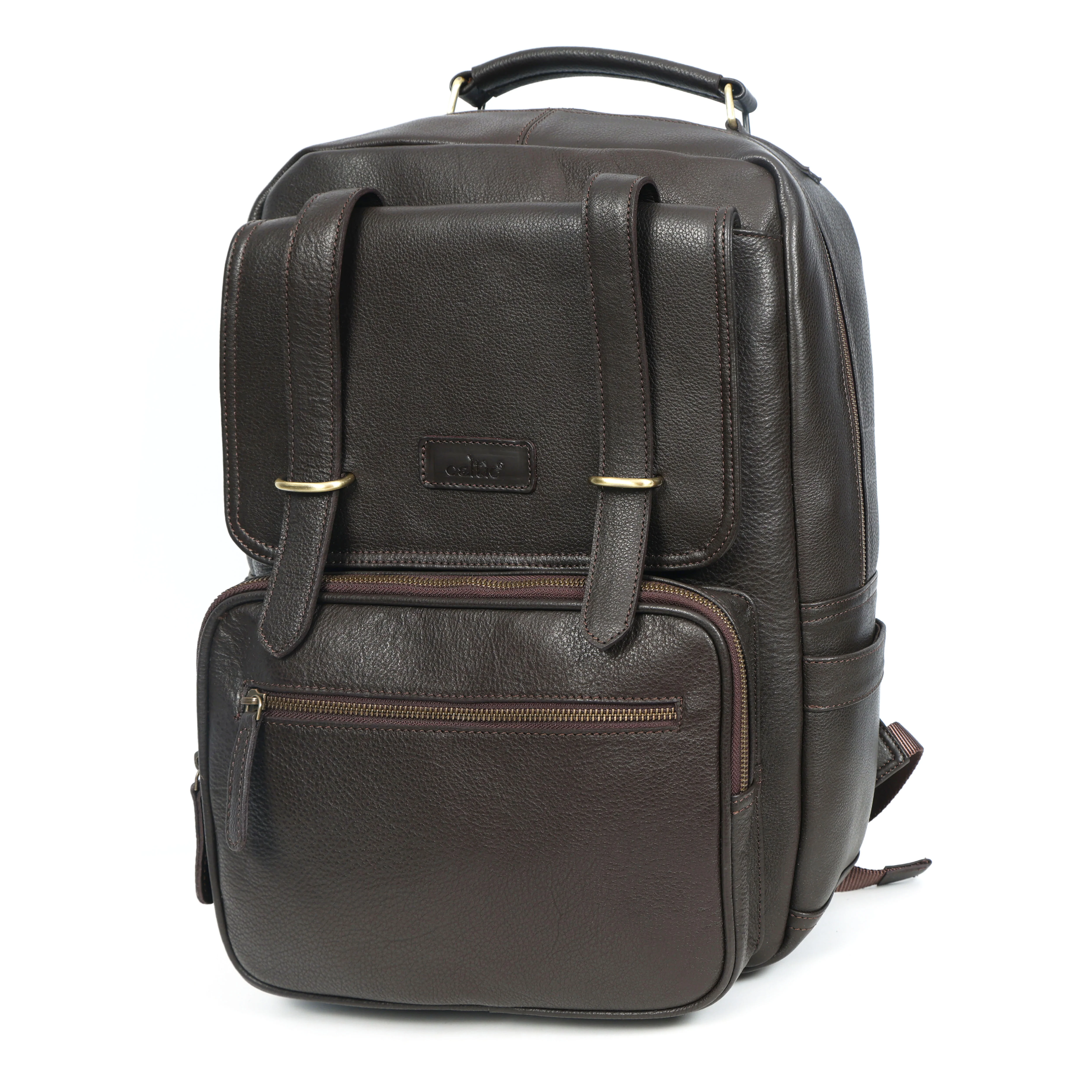 Premium Genuine Leather Laptop Backpack with Multi-Zip Compartments & Top Handle - Image 11