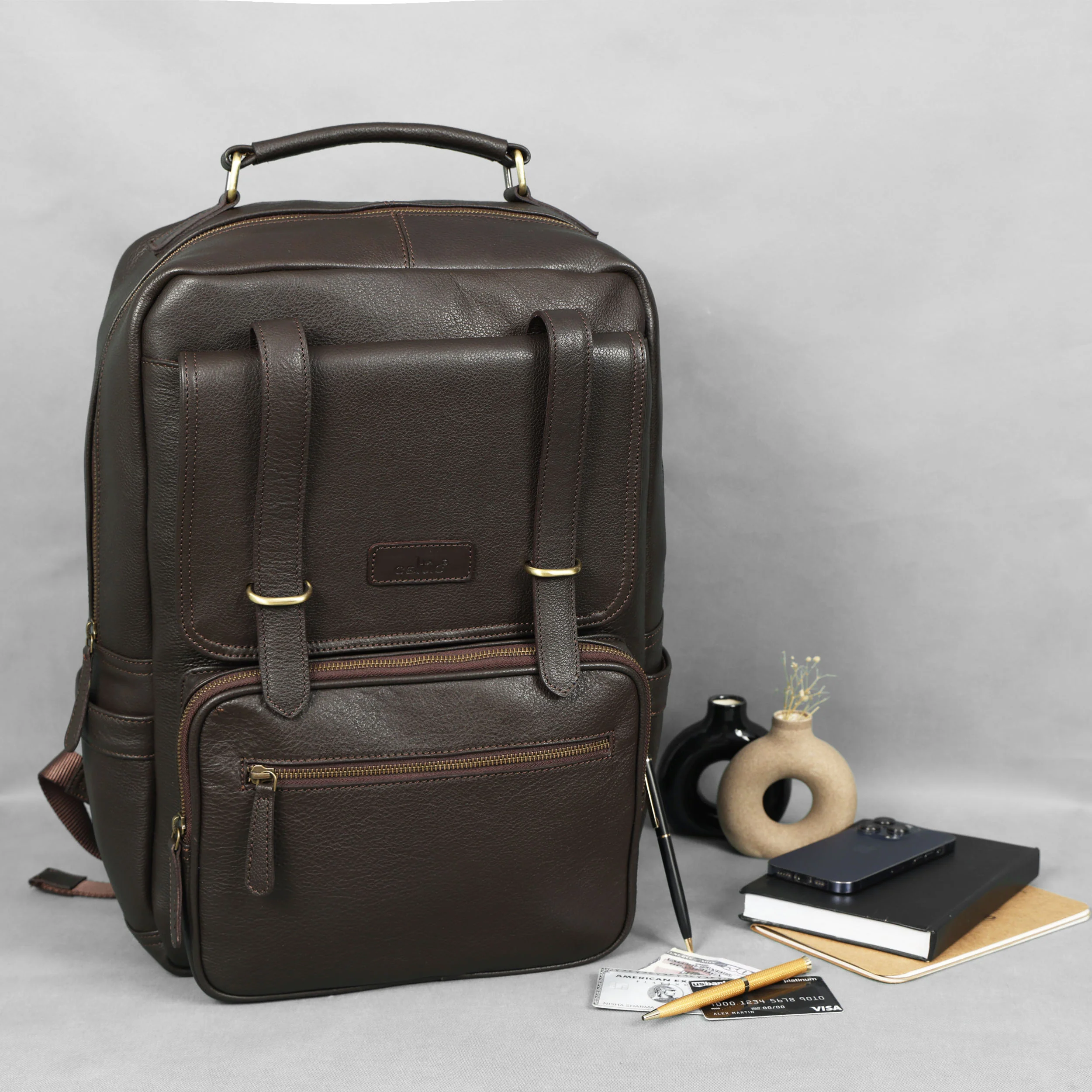 Premium Genuine Leather Laptop Backpack with Multi-Zip Compartments & Top Handle - Image 15