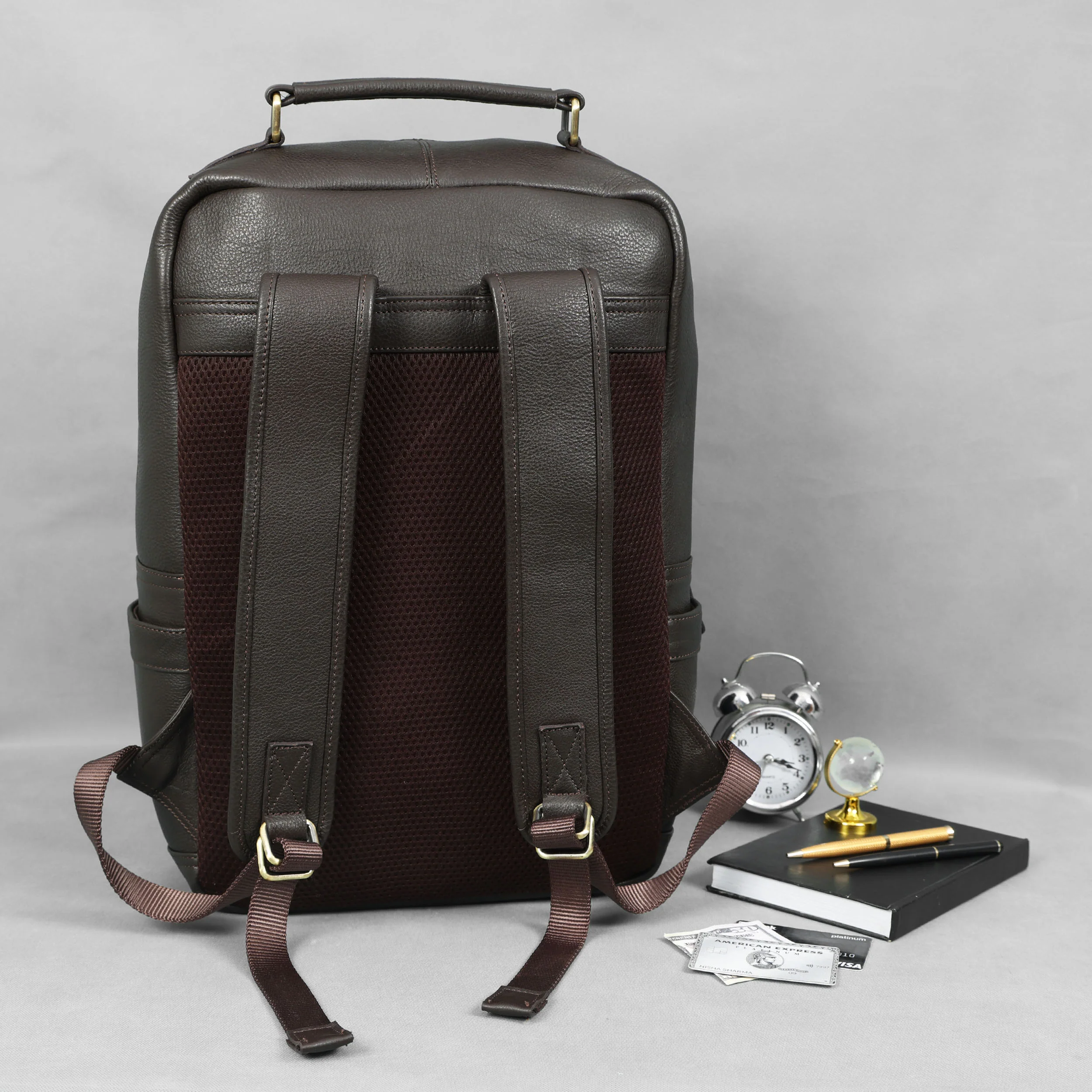 Premium Genuine Leather Laptop Backpack with Multi-Zip Compartments & Top Handle - Image 16