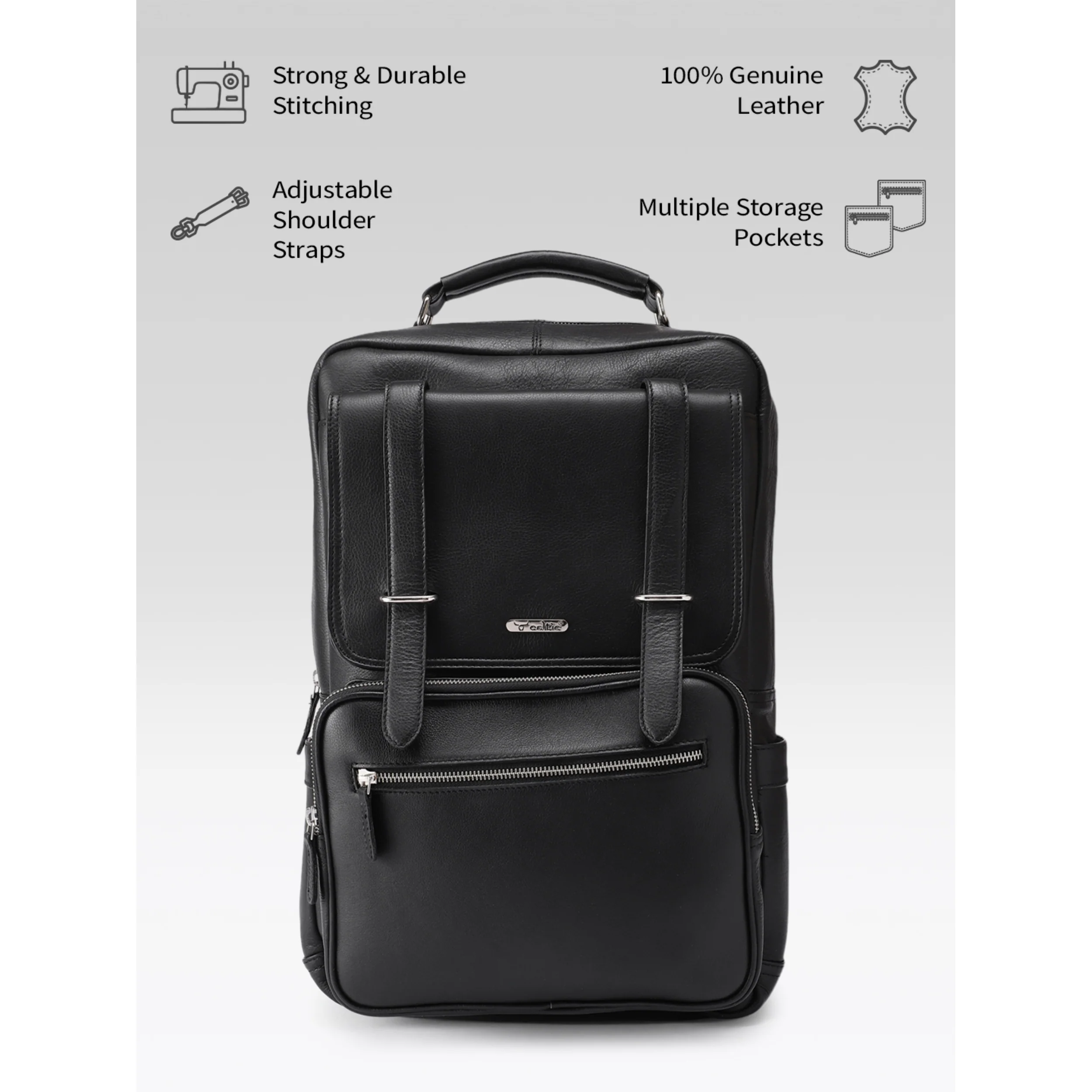 Premium Genuine Leather Laptop Backpack with Multi-Zip Compartments & Top Handle - Image 23